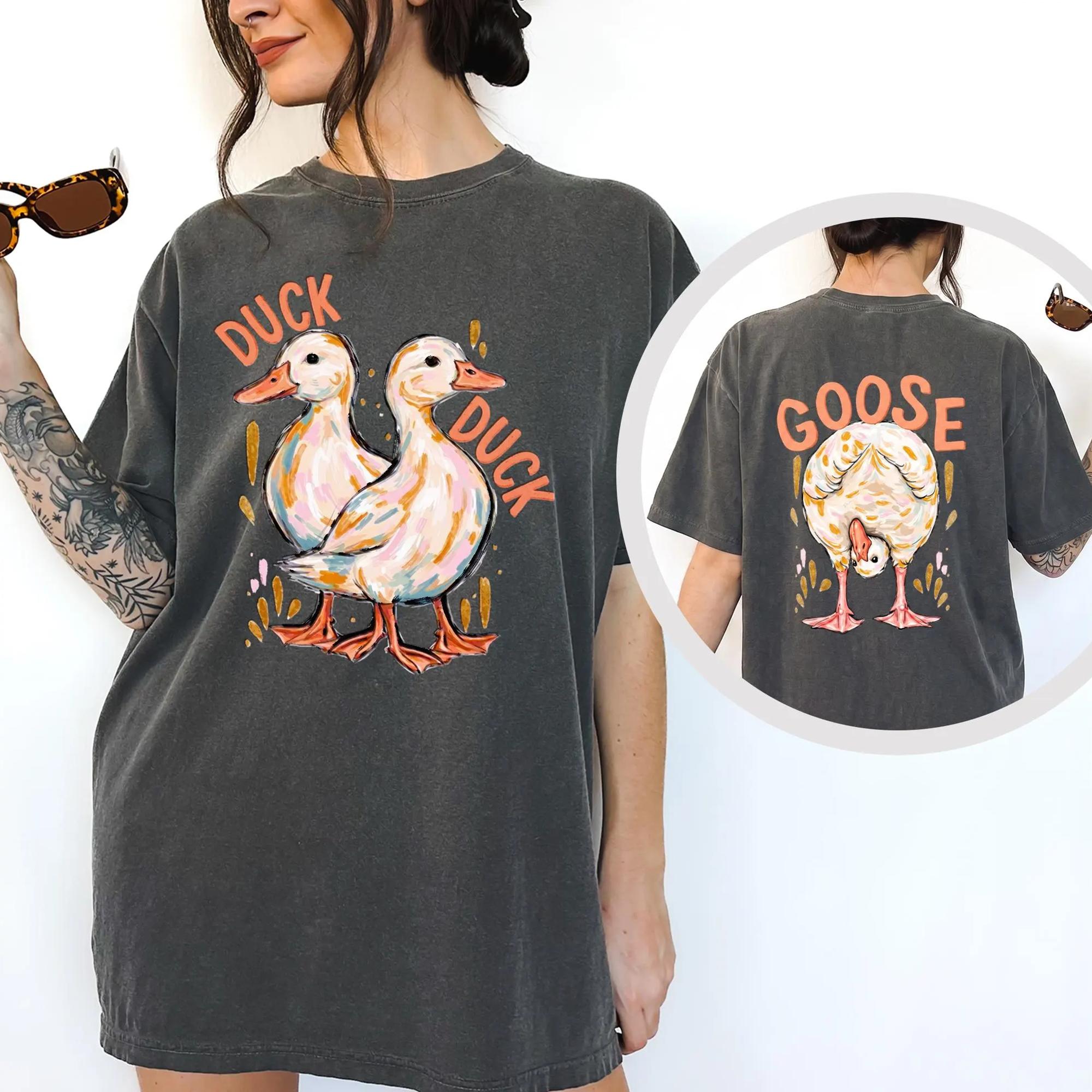 Women's Duck Duck Goose Graphic Oversized Fleece-Blend Breathable Tee - Ribbed, Kangaroo Pocket, Wrap Design, Matching Retro Preppy Granola Girl Aesthetic Casual Streetwear Loungewear 2