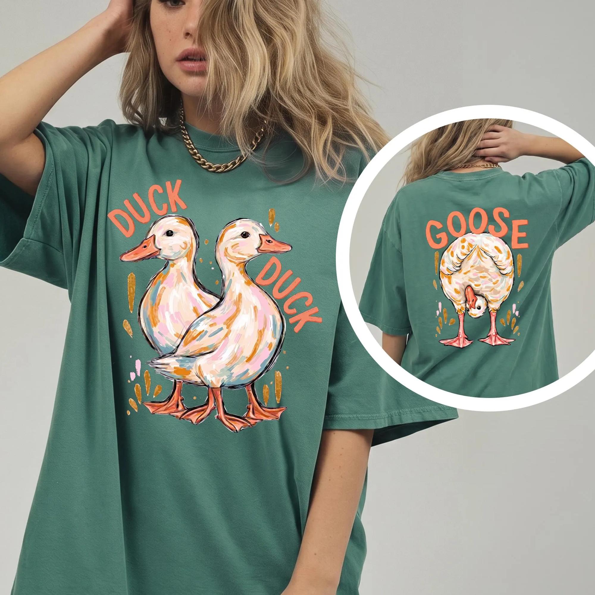 Women's Duck Duck Goose Graphic Oversized Fleece-Blend Breathable Tee - Ribbed, Kangaroo Pocket, Wrap Design, Matching Retro Preppy Granola Girl Aesthetic Casual Streetwear Loungewear 3