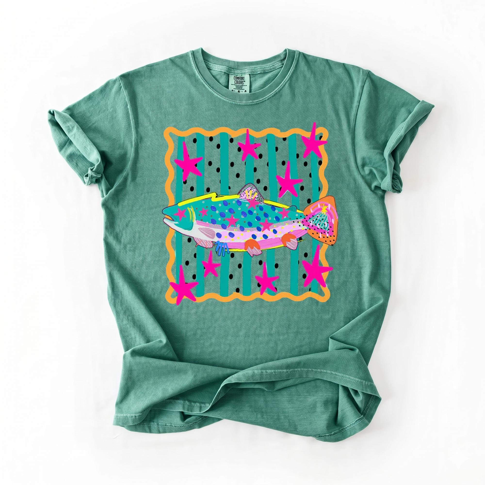 Colorful Rainbow Trout Graphic T-Shirt for Women Preppy Coastal Cowgirl Retro Aesthetic Mint Green Cotton Tee with Pink Stars Stripes & Polka Dot Fish Summer Fishing Vacation Trendy Funky Top 3