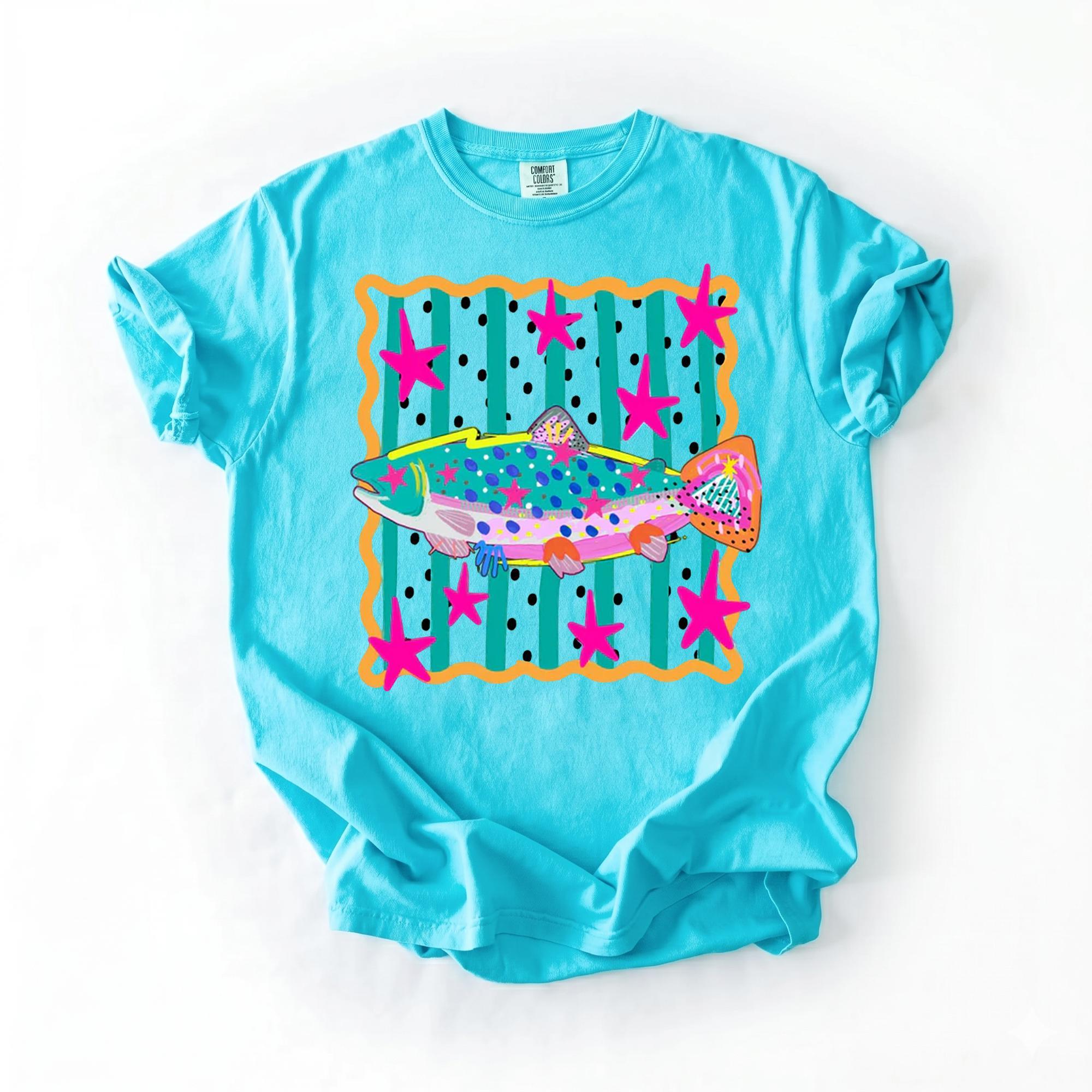 Colorful Rainbow Trout Graphic T-Shirt for Women Preppy Coastal Cowgirl Retro Aesthetic Mint Green Cotton Tee with Pink Stars Stripes & Polka Dot Fish Summer Fishing Vacation Trendy Funky Top 2
