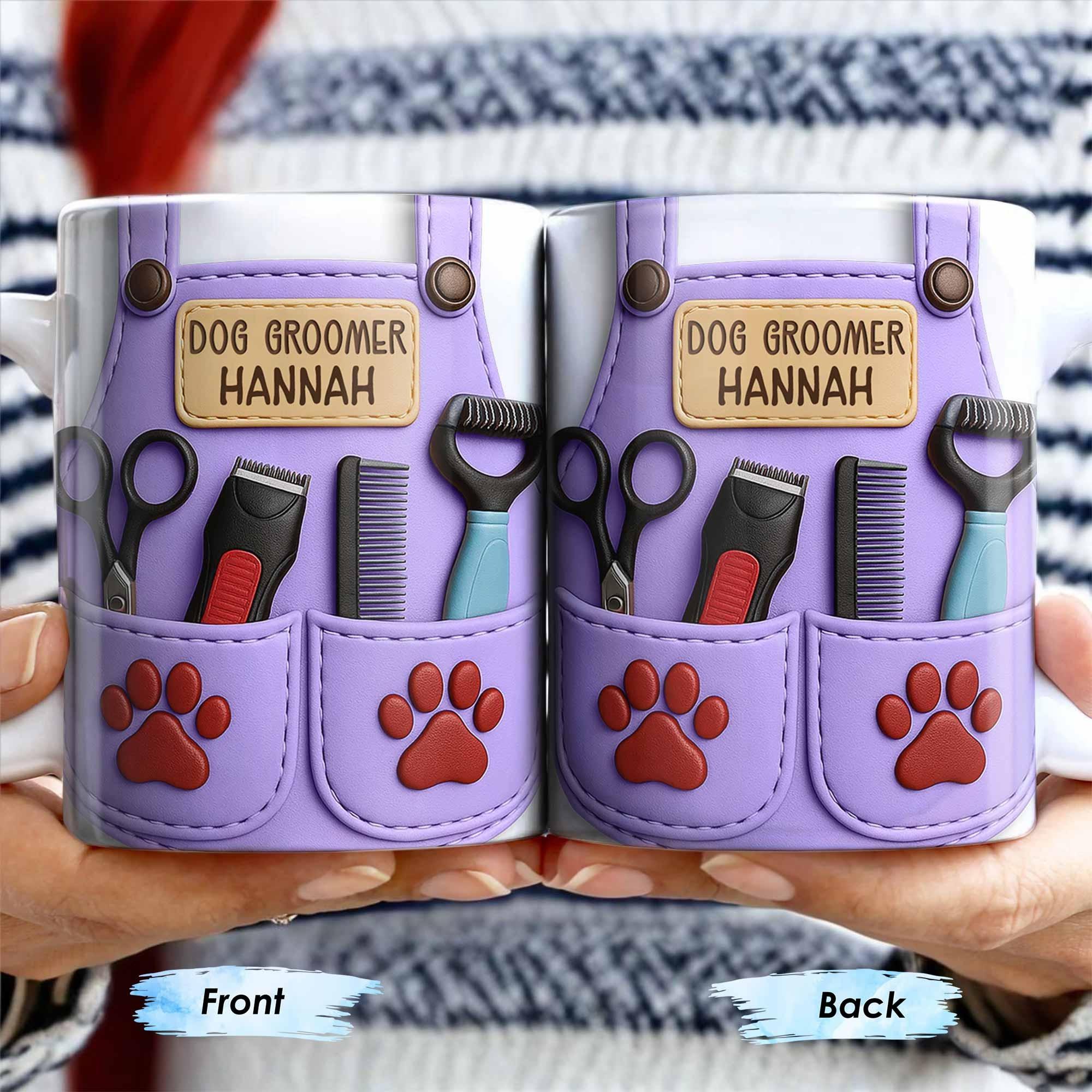 Personalized 3D Graphic Effect Dog Groomer Coffee Mug, Custom Name Purple Apron Ceramic Cup, Paw Print Grooming Tools, Professional Animal Care Drinkware 4