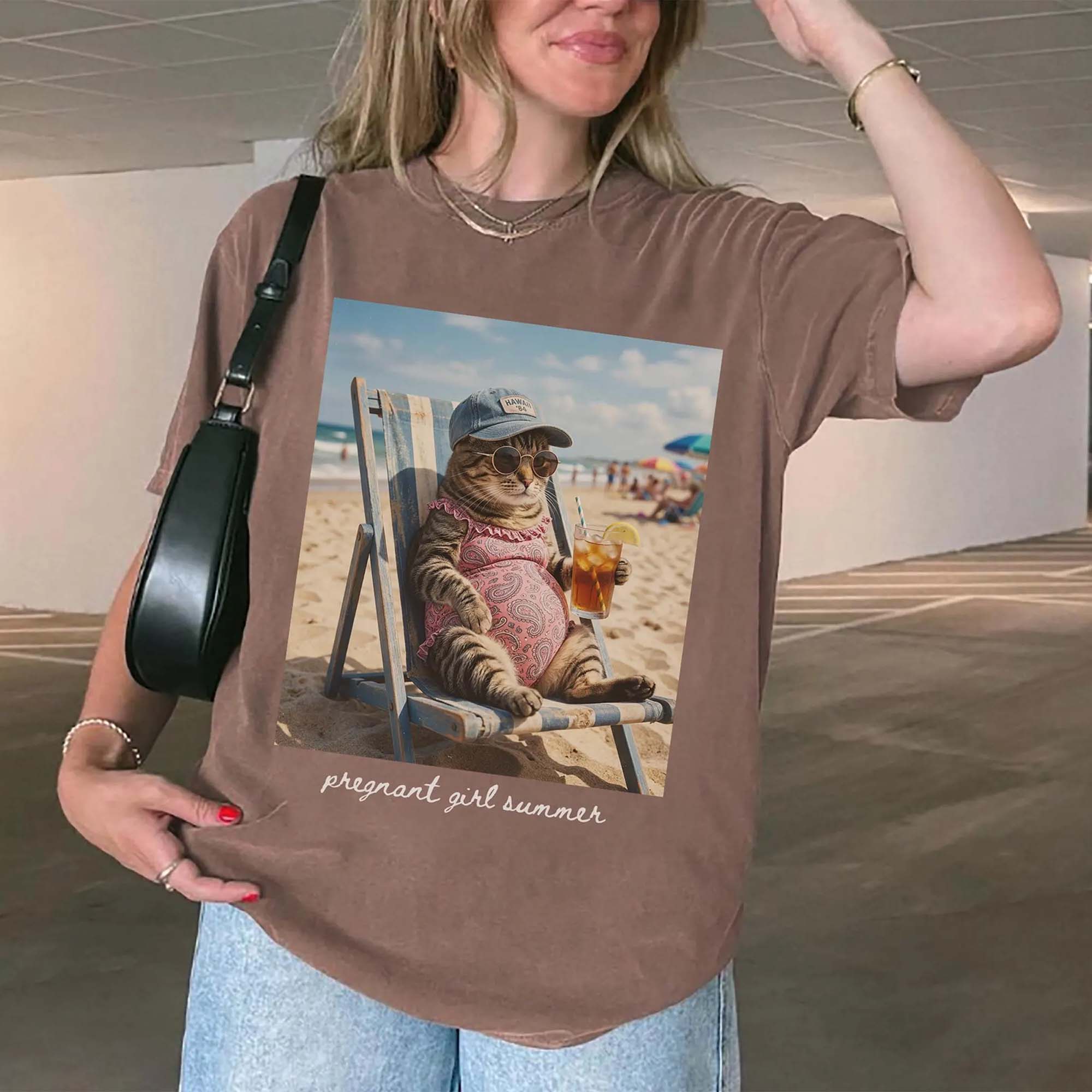 Pregnant Girl Summer Funny Cat Meme Maternity Graphic T-Shirt For Expecting Moms Women Casual Vintage Wash Loose Fit Y2K Pepper Grey Cotton Tee Beach Pregnancy Announcement Baby Reveal Gift Summer Clothes Summervibes Wear Apparel 4
