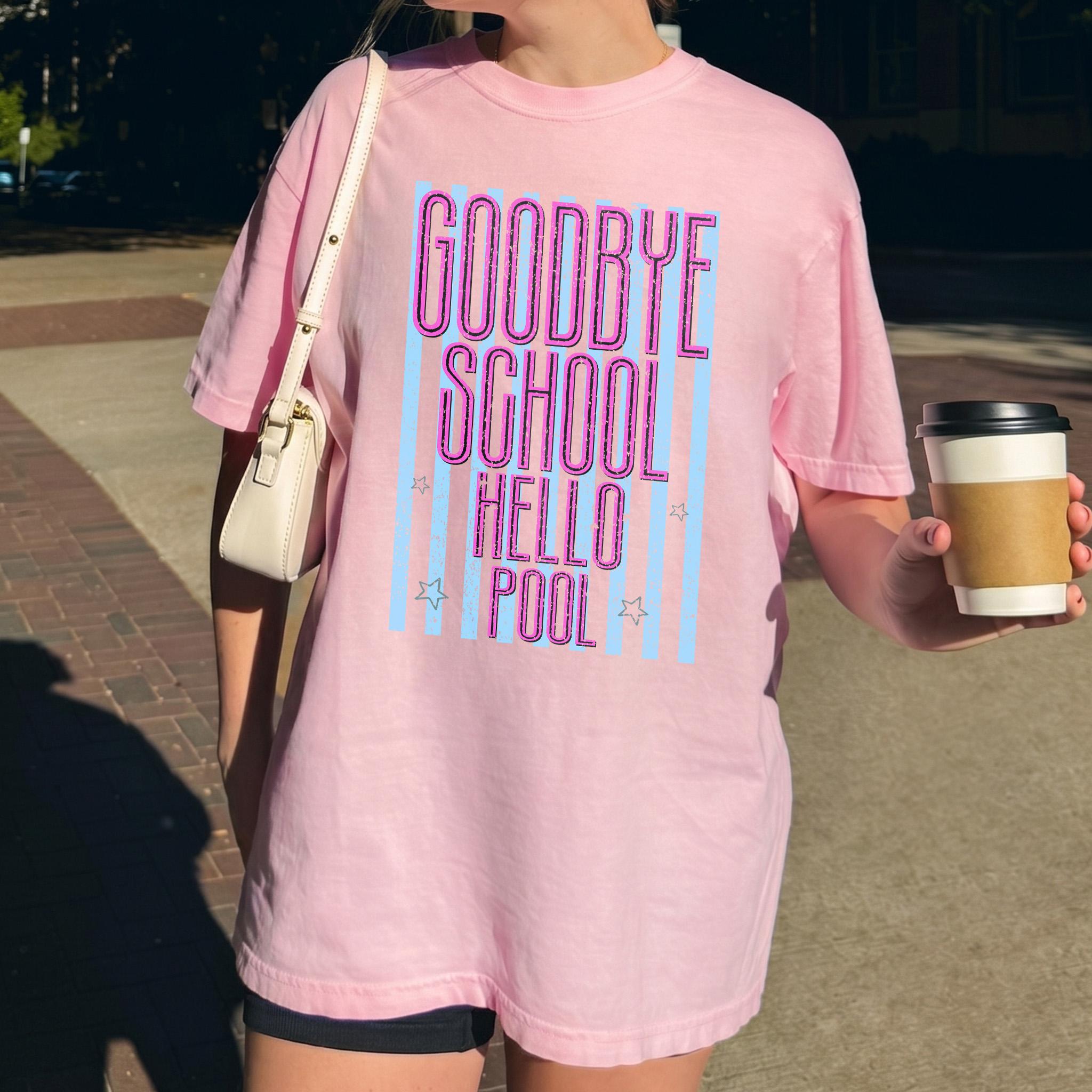 BojjiArtist Goodbye School Hello Pool Summer T-Shirt – Vibrant Y2K Retro Striped Graphic Tee, Funny Teacher Summer Club Aesthetic Top, Last Day Of School Graduation Apparel 4