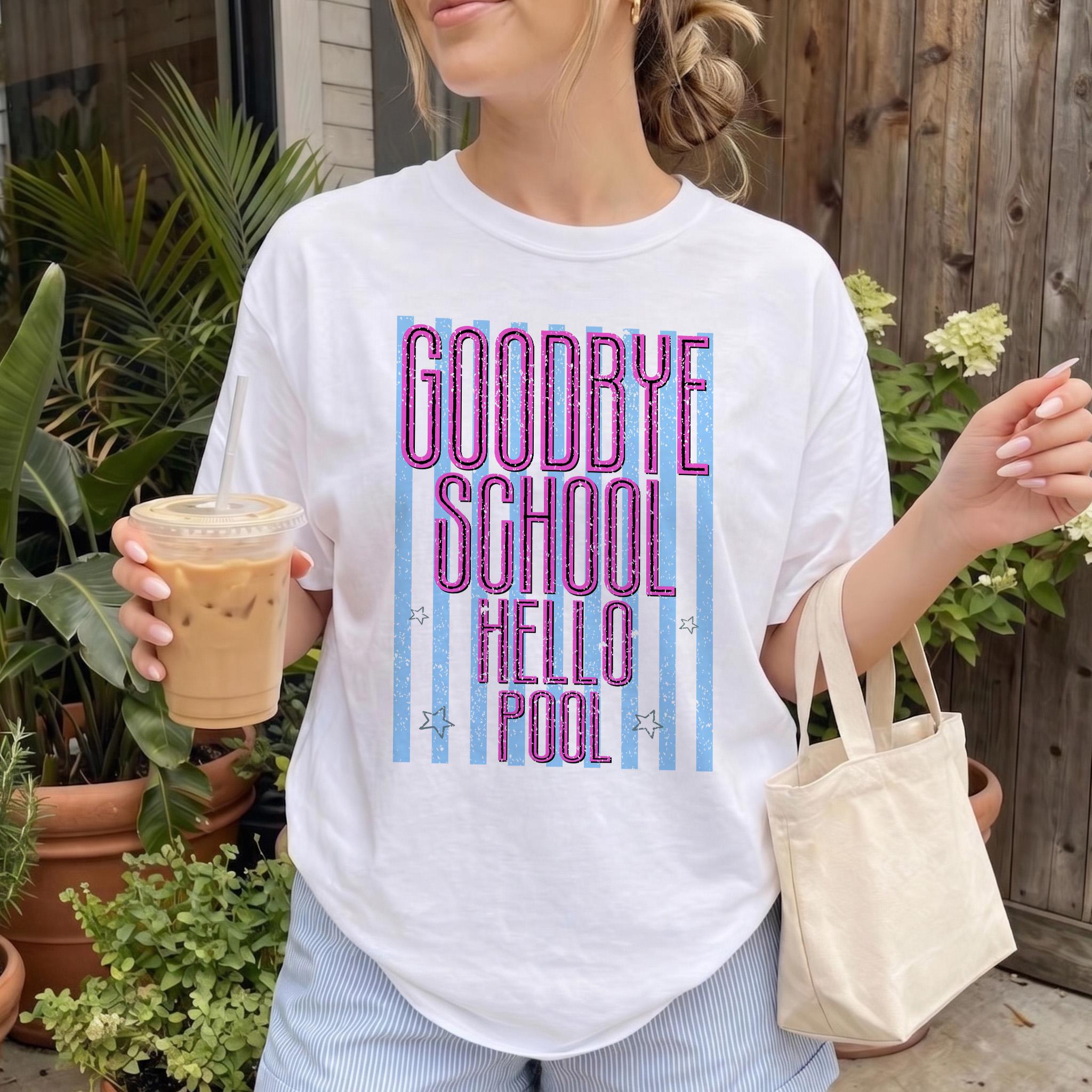 BojjiArtist Goodbye School Hello Pool Summer T-Shirt – Vibrant Y2K Retro Striped Graphic Tee, Funny Teacher Summer Club Aesthetic Top, Last Day Of School Graduation Apparel 3