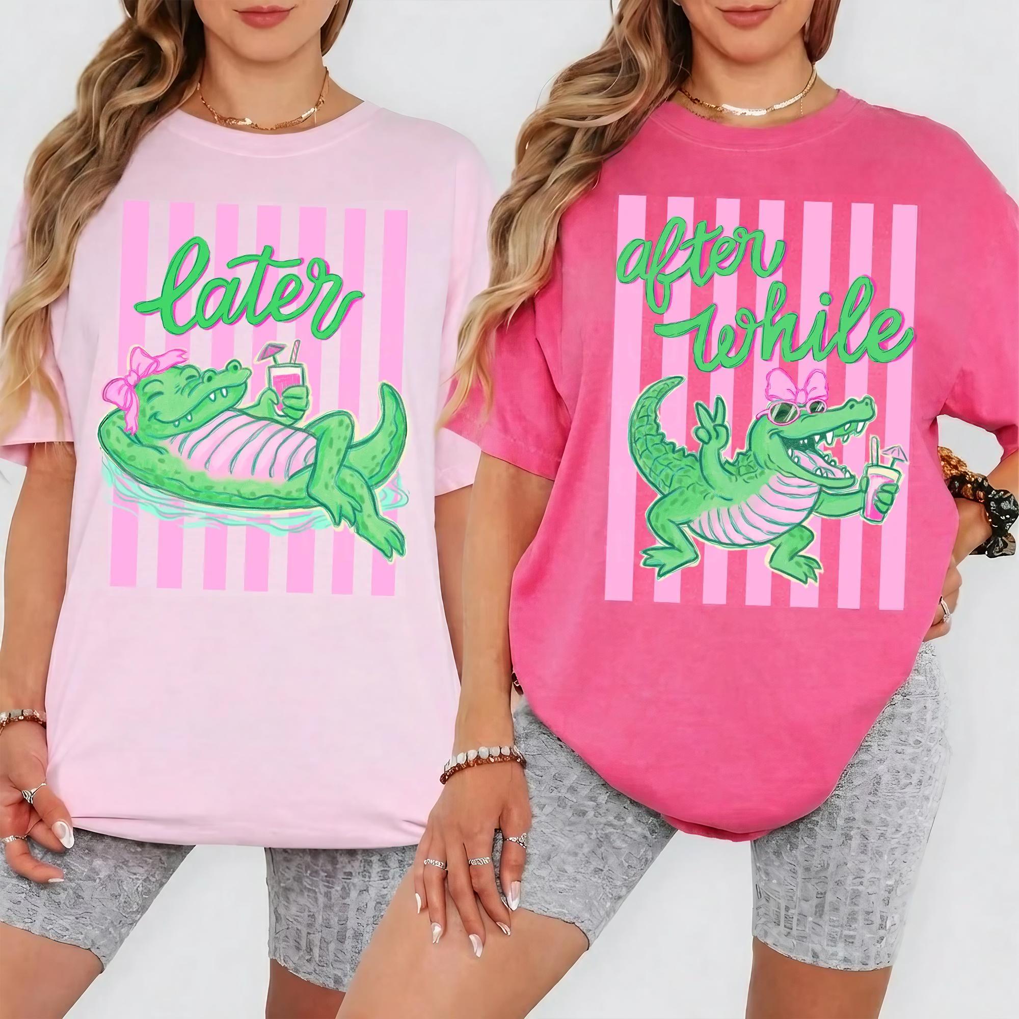 After While Crocodile Graphic T-Shirt For Women Teens Preppy Retro Coquette Aesthetic Ivory Cotton Casual Tee Later Gator Summer Beach Party Pink Green Alligator With Bow Trendy Y2K Festival Vacation Top Novelty Clothing summervibes 2