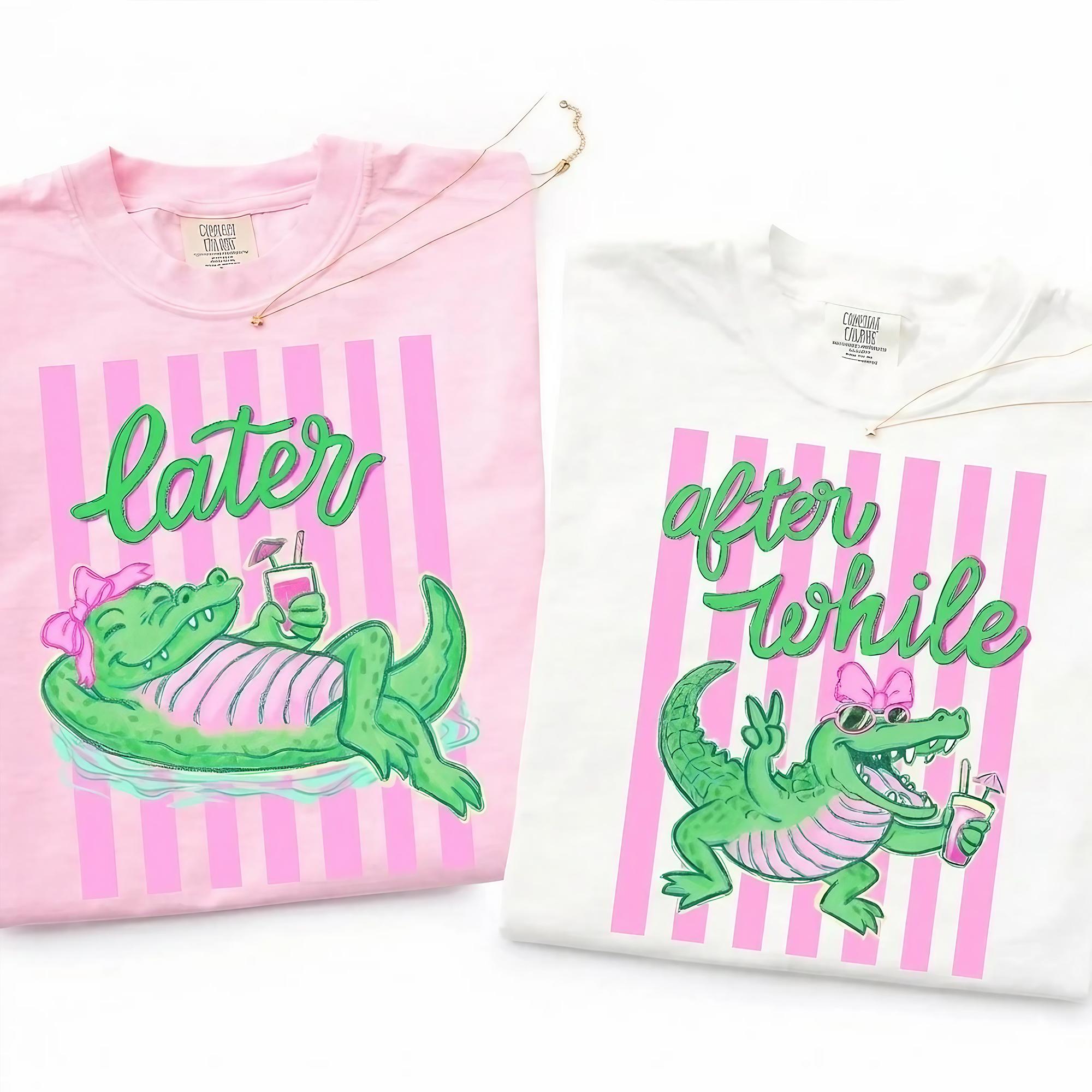 After While Crocodile Graphic T-Shirt For Women Teens Preppy Retro Coquette Aesthetic Ivory Cotton Casual Tee Later Gator Summer Beach Party Pink Green Alligator With Bow Trendy Y2K Festival Vacation Top Novelty Clothing summervibes 3