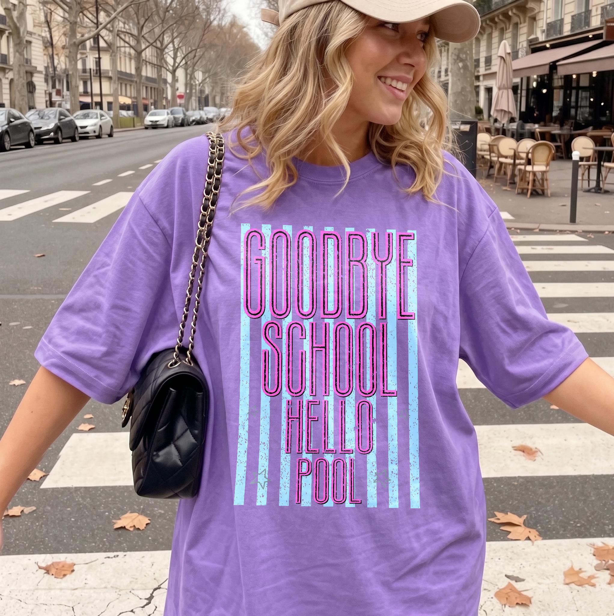 BojjiArtist Goodbye School Hello Pool Summer T-Shirt – Vibrant Y2K Retro Striped Graphic Tee, Funny Teacher Summer Club Aesthetic Top, Last Day Of School Graduation Apparel 2