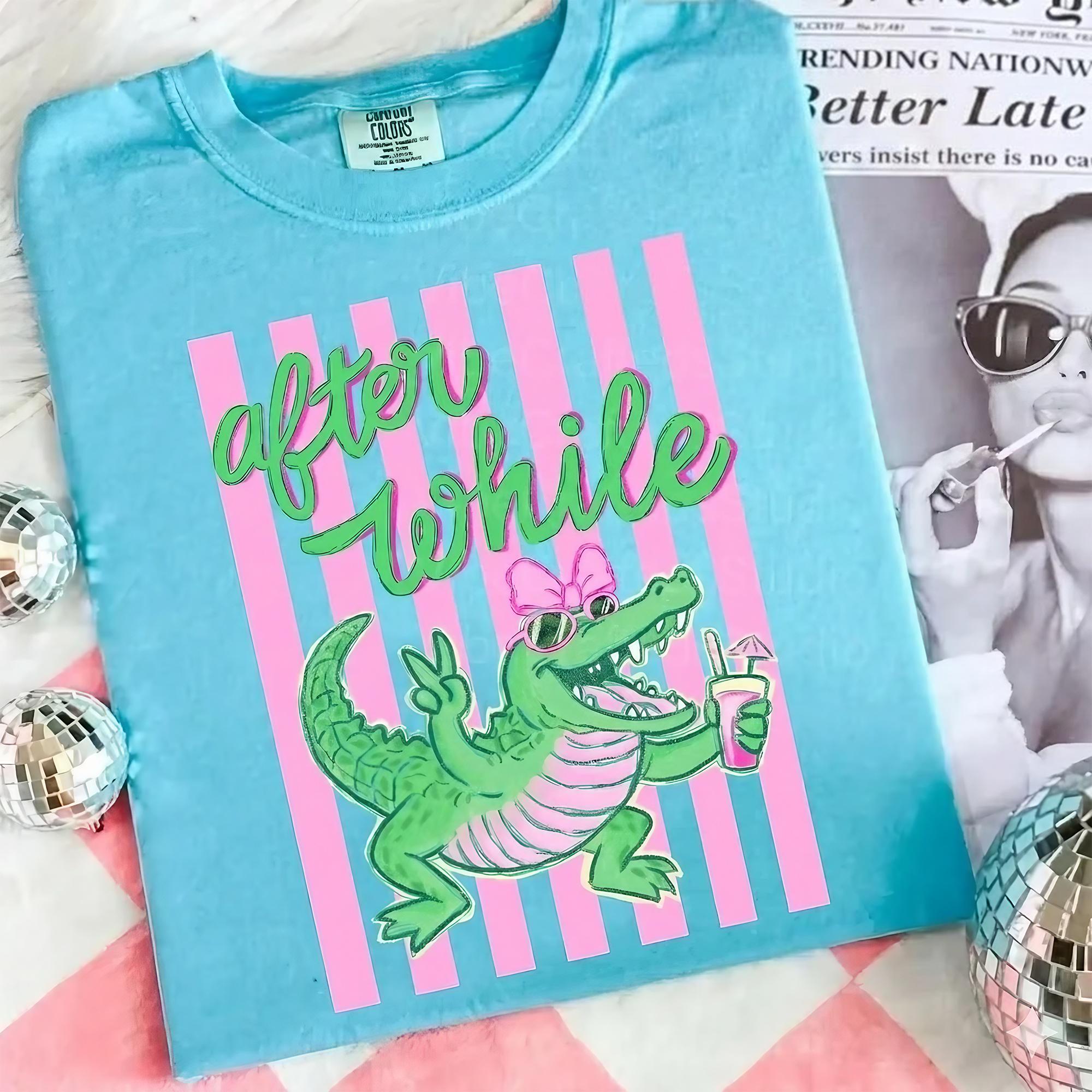 After While Crocodile Graphic T-Shirt For Women Teens Preppy Retro Coquette Aesthetic Ivory Cotton Casual Tee Later Gator Summer Beach Party Pink Green Alligator With Bow Trendy Y2K Festival Vacation Top Novelty Clothing summervibes 4