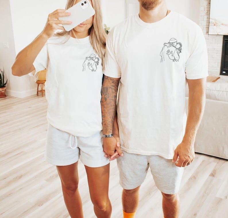 Custom Photo To Line Art T-shirt, Minimalist Couple Portrait Outline Design, Unique Anniversary Gift For Boyfriend Girlfriend, Pocket Style Graphic, Unisex Top 2