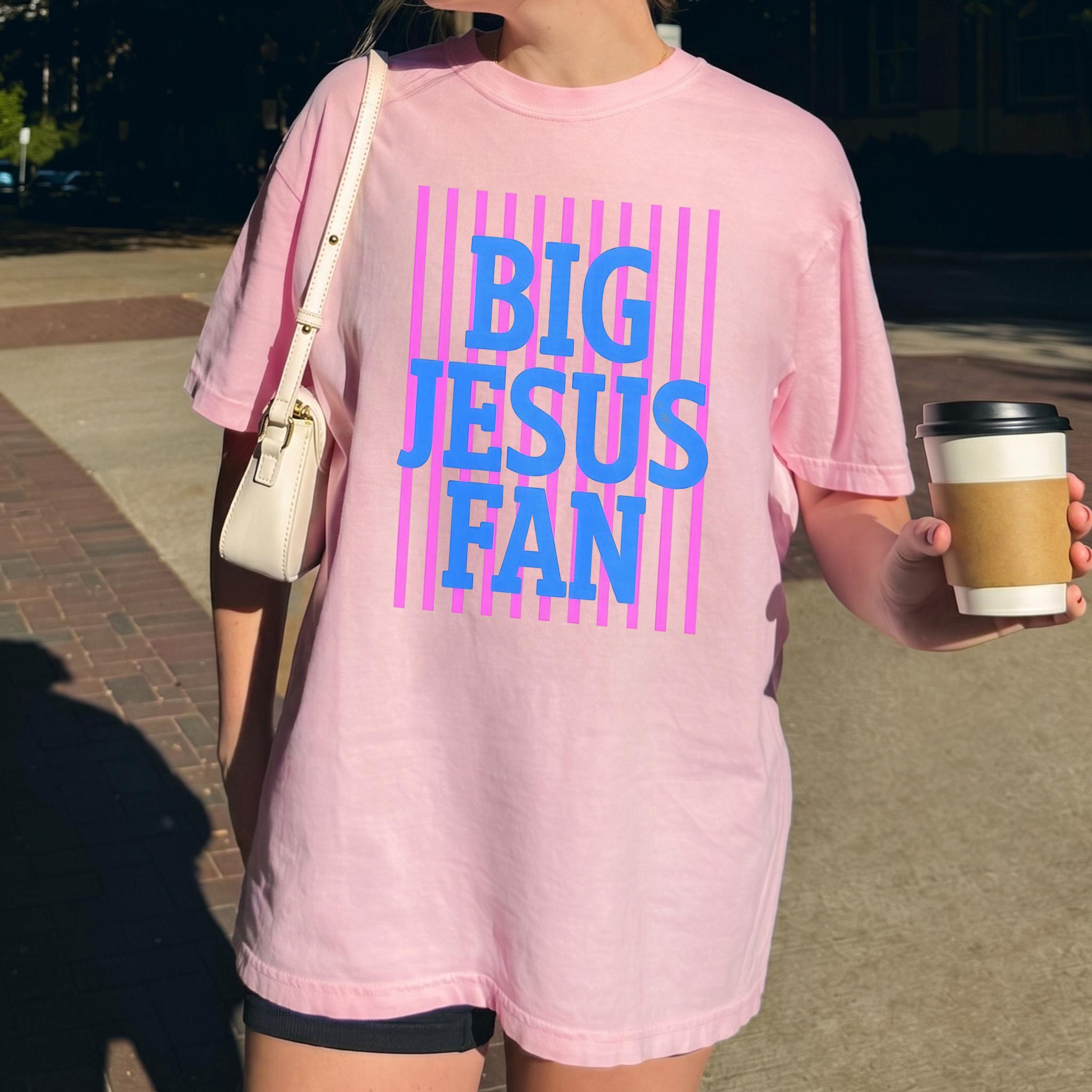 Big Jesus Fan Graphic Tee Short Sleeve T-Shirt For Women Preppy Y2K Retro Christian Faith Based Trendy Aesthetic White Cotton Blend Casual Summer Top Apparel With Pink Stripes And Blue Letter Print Religious Christian Shirt 3