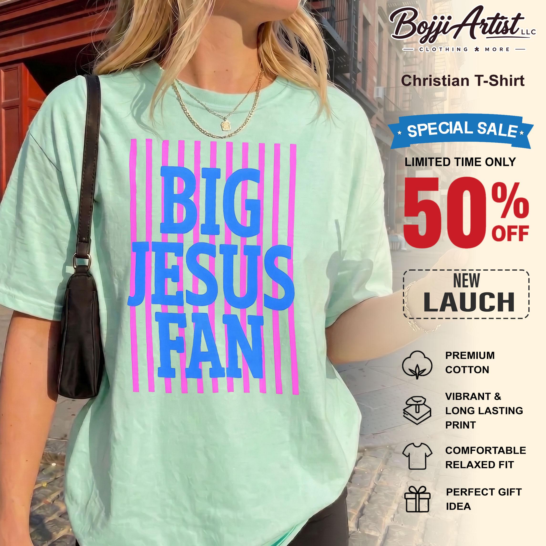 Big Jesus Fan Graphic Tee Short Sleeve T-Shirt For Women Preppy Y2K Retro Christian Faith Based Trendy Aesthetic White Cotton Blend Casual Summer Top Apparel With Pink Stripes And Blue Letter Print Religious Christian Shirt 2