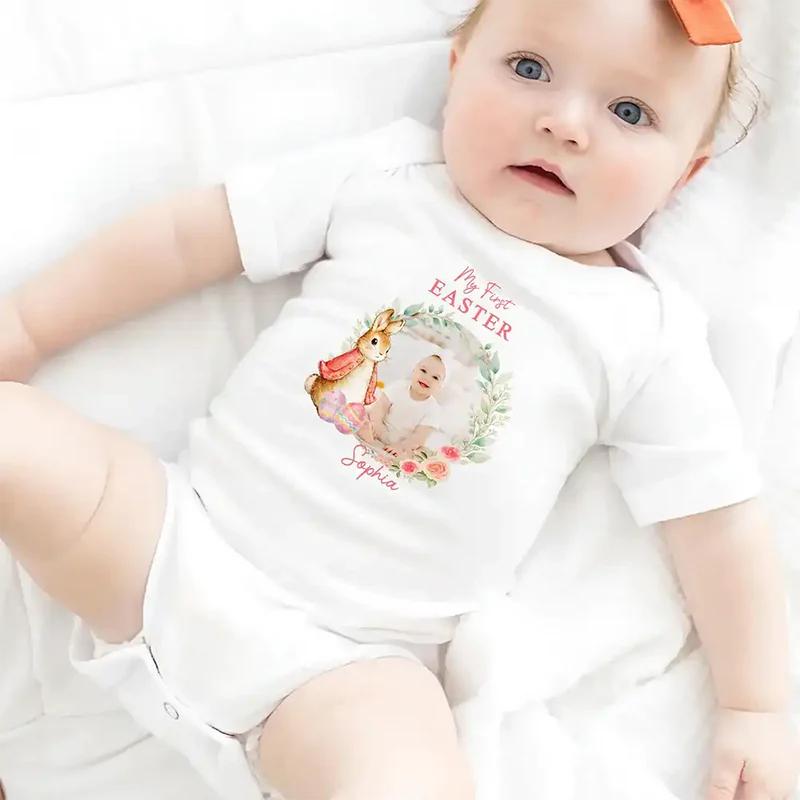 [Flash Deals] BojjiArtist Personalized My First Easter Baby Onesie - Custom Photo Name Women's T-shirt, Cute Peter Rabbit Bodysuit, Family Matching Easter Tee, Please Send Photo And Name. 3