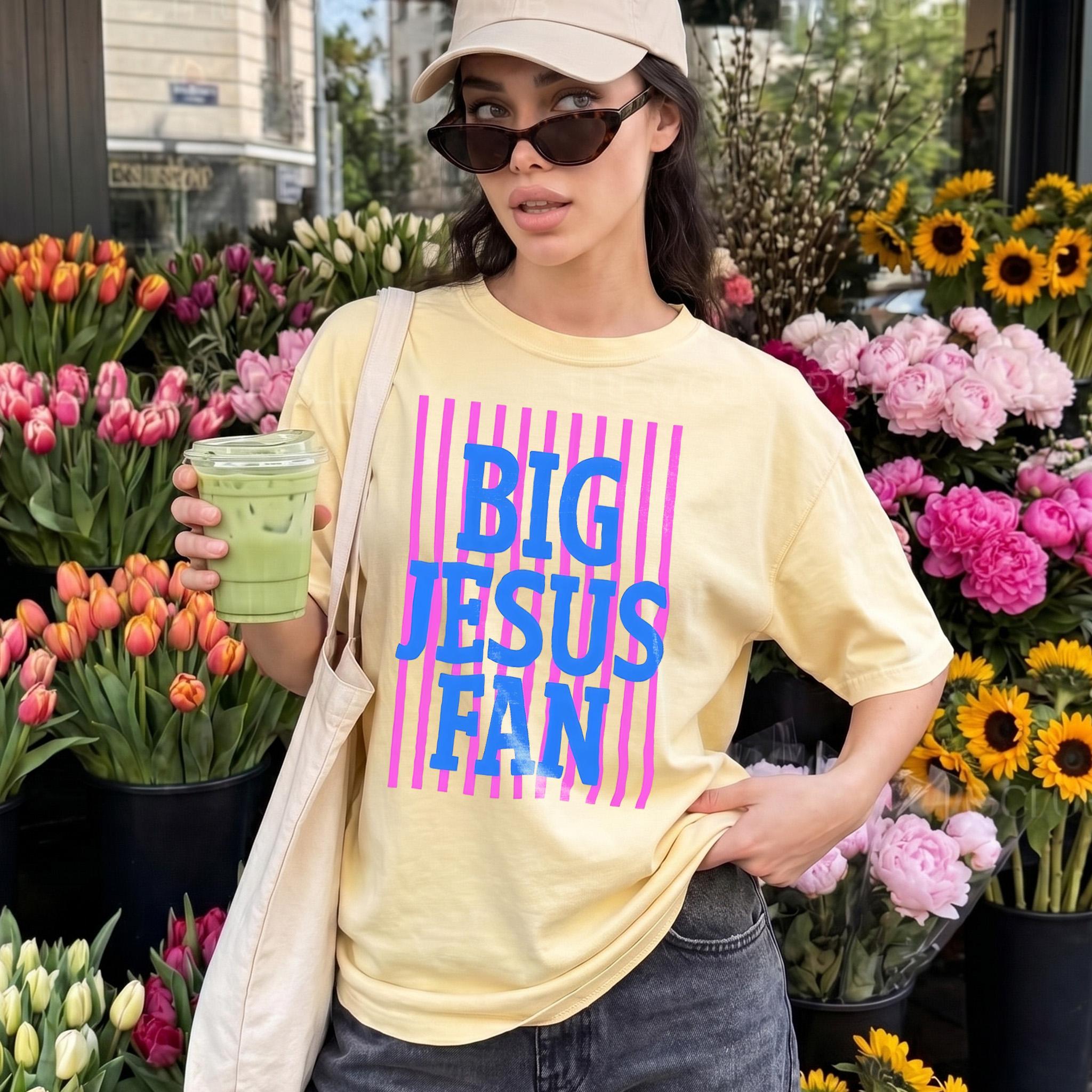 Big Jesus Fan Graphic Tee Short Sleeve T-Shirt For Women Preppy Y2K Retro Christian Faith Based Trendy Aesthetic White Cotton Blend Casual Summer Top Apparel With Pink Stripes And Blue Letter Print Religious Christian Shirt 4