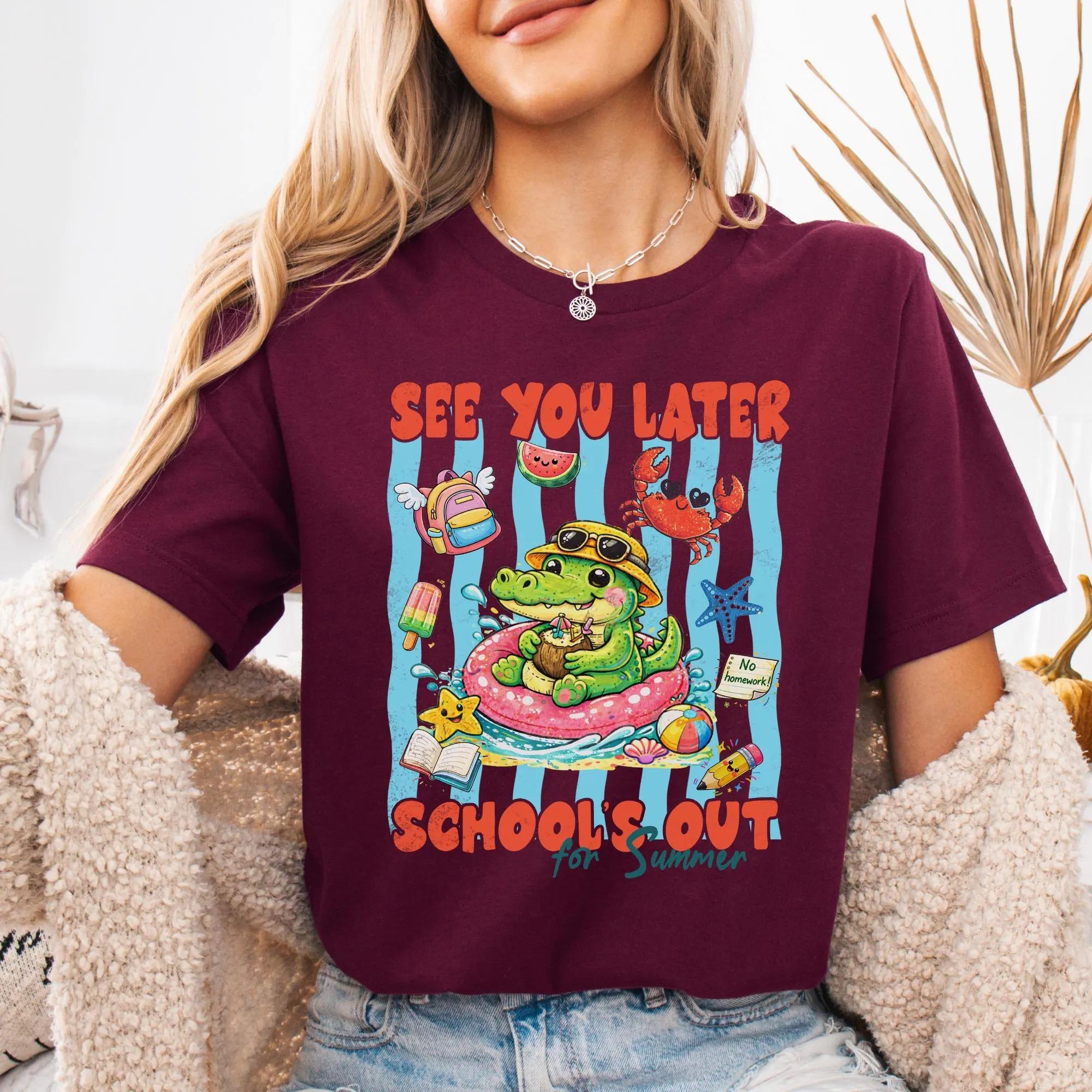 See You Later Crocodile Schools Out For Summer Graphic T-Shirt Tee For Teachers Students Kids Cute Retro Preppy Top Kindergarten Pre K Alligator School Holiday Sea Animals Lover Summer Vacation Tee Ocean Beach Pool Party Apparel 2