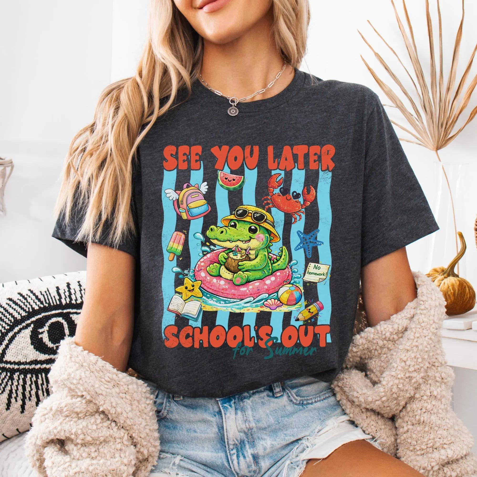 See You Later Crocodile Schools Out For Summer Graphic T-Shirt Tee For Teachers Students Kids Cute Retro Preppy Top Kindergarten Pre K Alligator School Holiday Sea Animals Lover Summer Vacation Tee Ocean Beach Pool Party Apparel 3