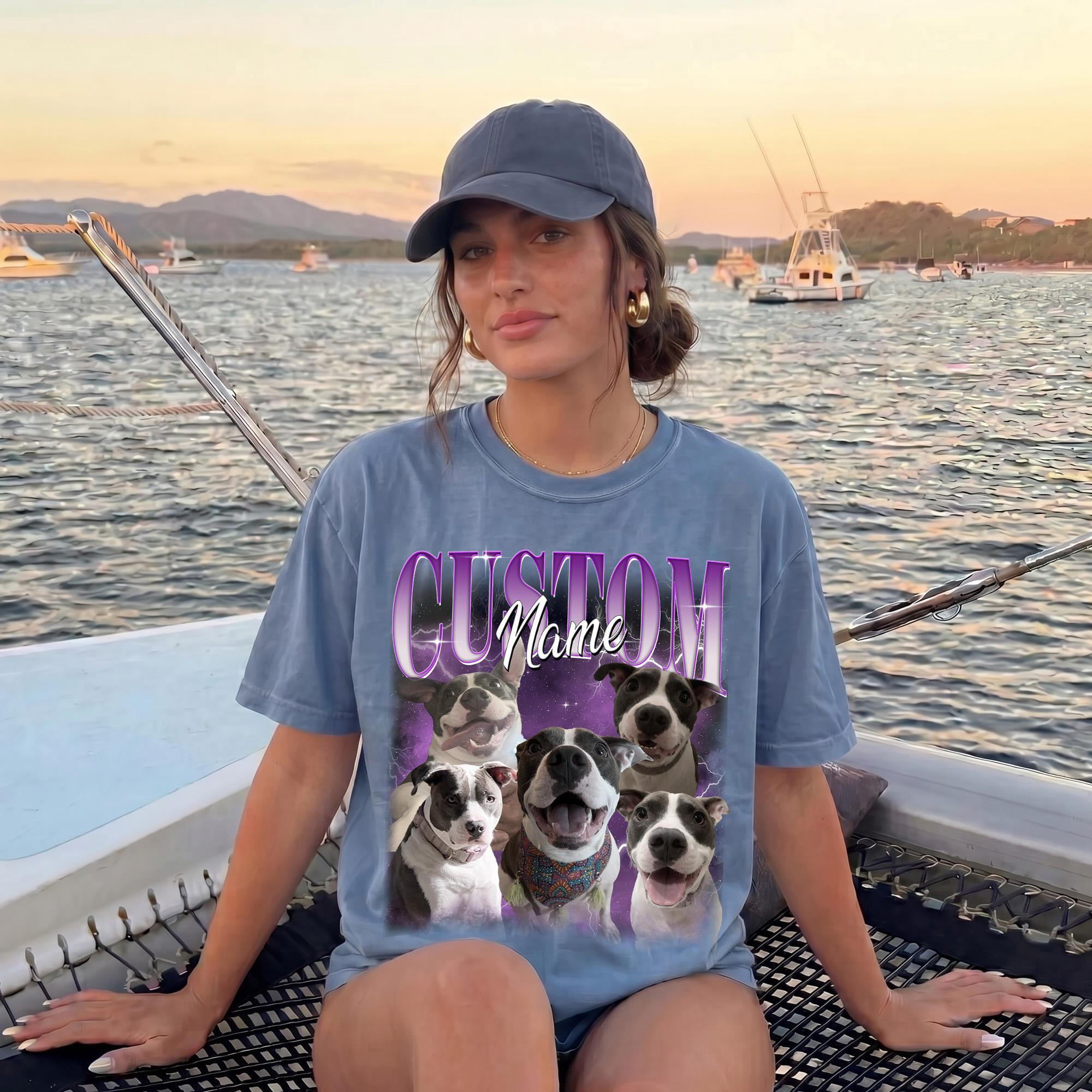 Custom Pet Portrait Dog Graphic T-Shirt Short Sleeve Tee Unisex Men Women 90s Vintage Retro Bootleg Y2K Aesthetic Personalized Streetwear Light Baby Blue Cotton Vintage Bootleg Rap Tee Pet Lover Gift Pitbull Graphic Shirt 2