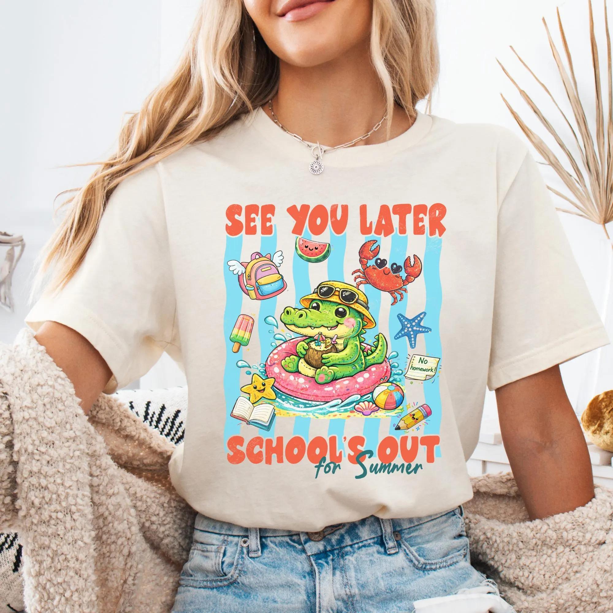 See You Later Crocodile Schools Out For Summer Graphic T-Shirt Tee For Teachers Students Kids Cute Retro Preppy Top Kindergarten Pre K Alligator School Holiday Sea Animals Lover Summer Vacation Tee Ocean Beach Pool Party Apparel