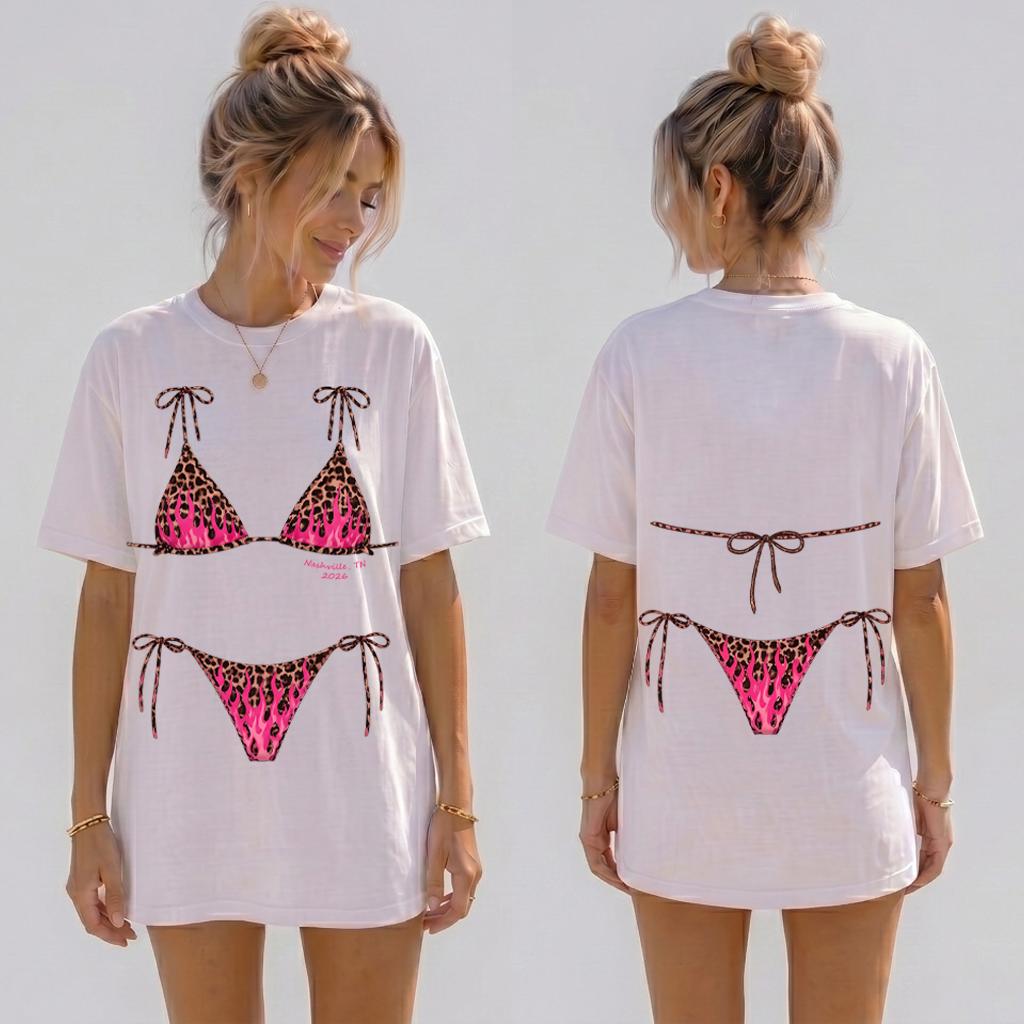 Custom Leopard Bikini T-Shirt Nashville Bach Party Matching Outfits Funny Oversized Bride Tribe Tee Bridesmaid Gifts Trendy Summer Beach Cover Up Shirt Trendy Custom Leopard Print Bikini Graphic T-Shirt Nashville Girls Trip Bach Party Outfit 2