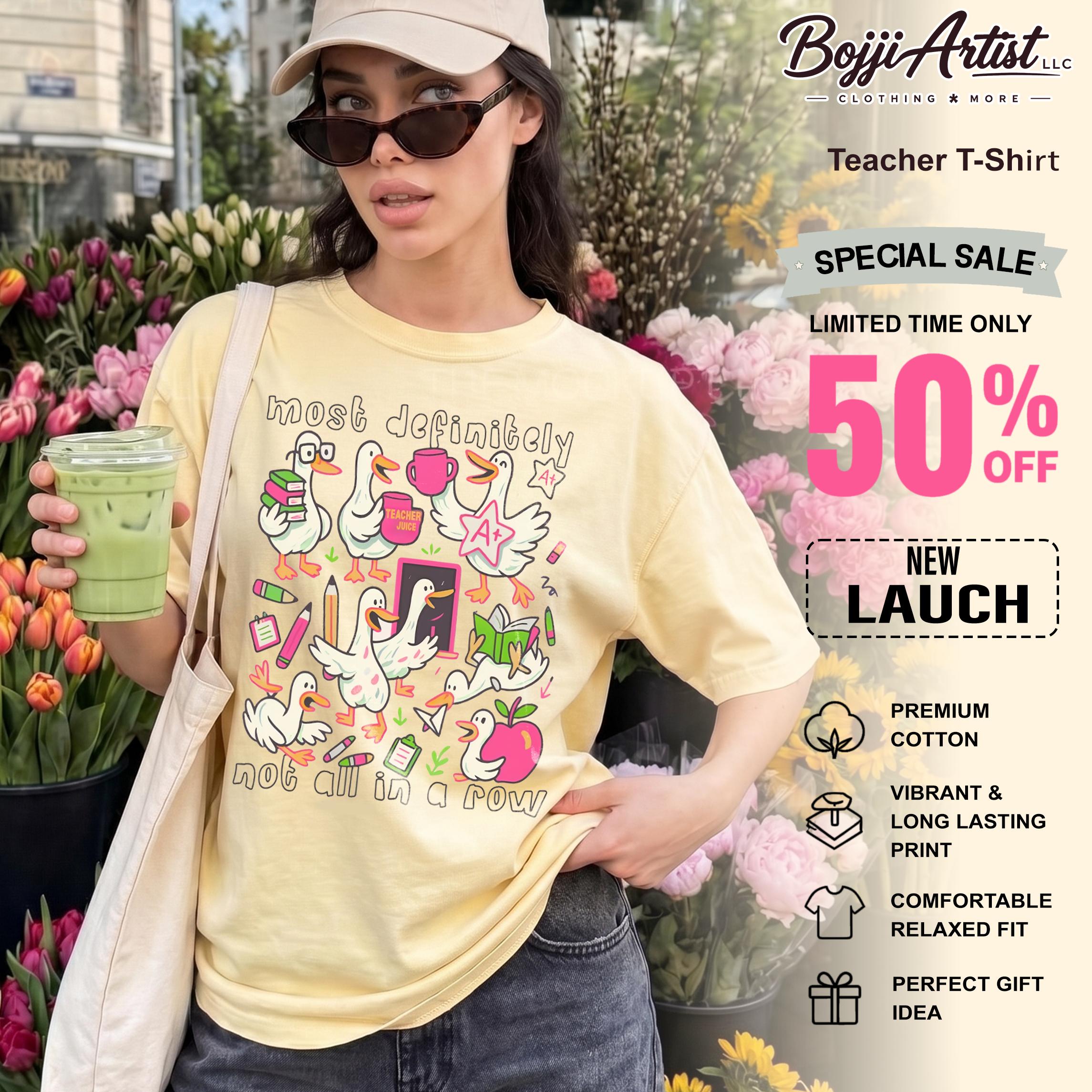 Women's Cotton Short-Sleeve Fleece Wrap Round Neck Vintage Graphic T-Shirt - Casual Top, "Most Definitely Not All In A Row" Chaotic Ducks Print, Preppy Quirky Aesthetic, Streetwear Ribbed Fabric, Kangaroo Pocket, Back To School Educator Gift 2