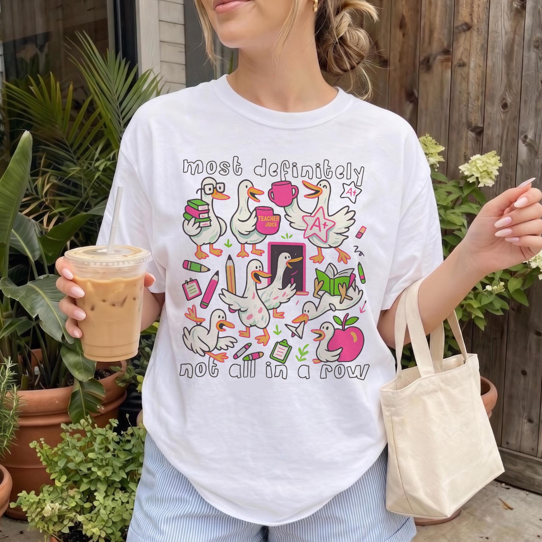 Women's Cotton Short-Sleeve Fleece Wrap Round Neck Vintage Graphic T-Shirt - Casual Top, "Most Definitely Not All In A Row" Chaotic Ducks Print, Preppy Quirky Aesthetic, Streetwear Ribbed Fabric, Kangaroo Pocket, Back To School Educator Gift 4