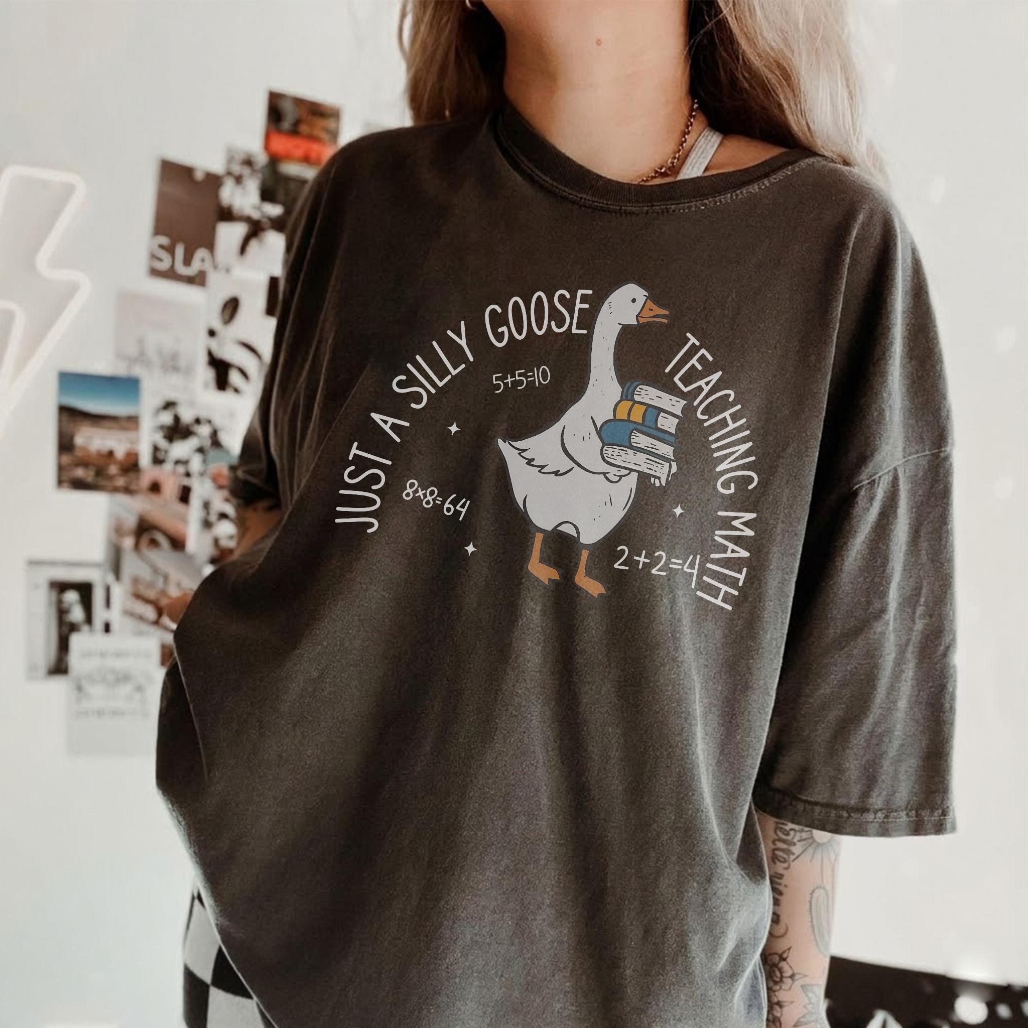 Women's Oversized Ribbed Brown Cotton Fabric Graphic T-Shirt - Just A Silly Goose Math Design, Streetwear Preppy Casual Aesthetic, Kangaroo Pocket, Matching Back To School Apparel For Math Teachers 4