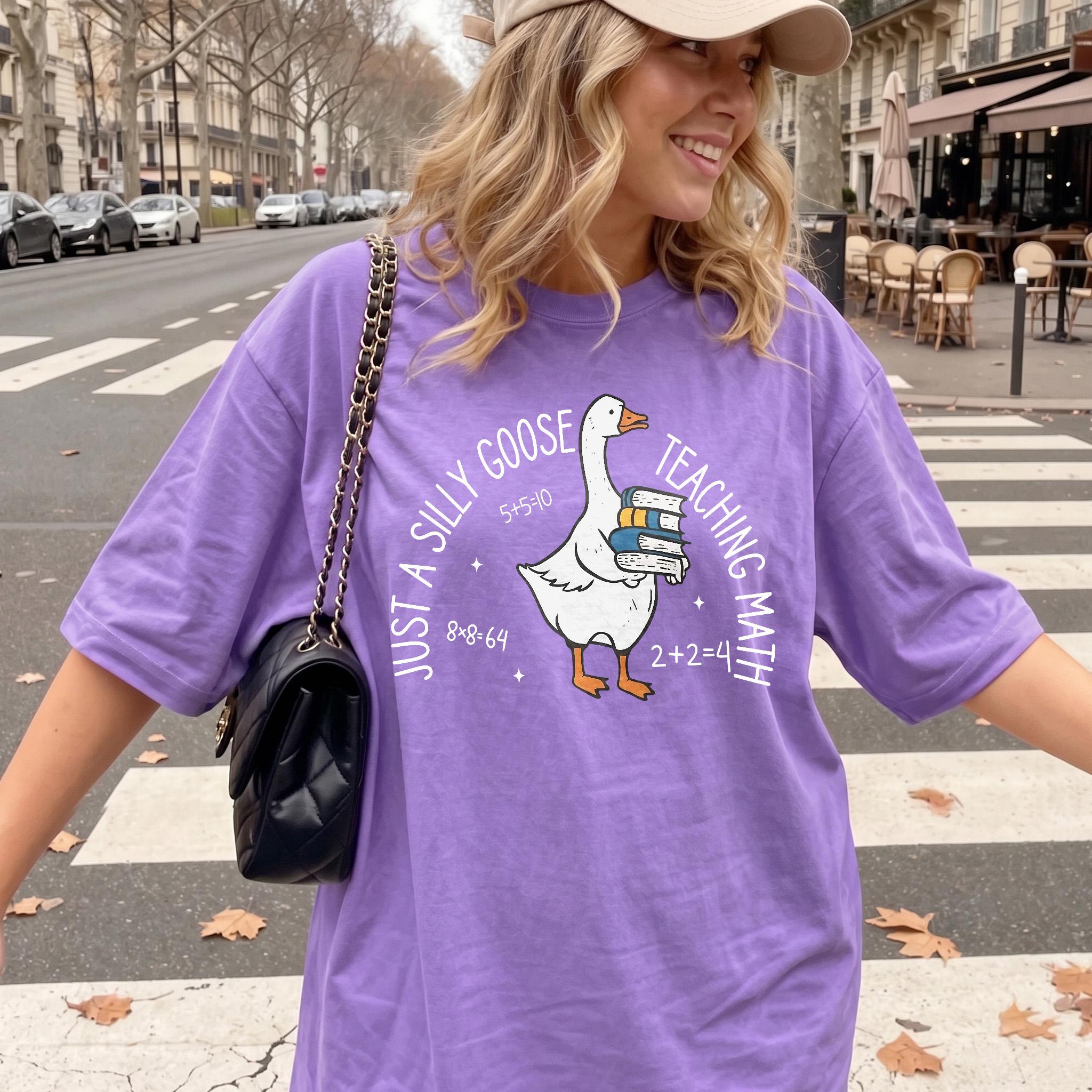 Women's Oversized Ribbed Brown Cotton Fabric Graphic T-Shirt - Just A Silly Goose Math Design, Streetwear Preppy Casual Aesthetic, Kangaroo Pocket, Matching Back To School Apparel For Math Teachers 3