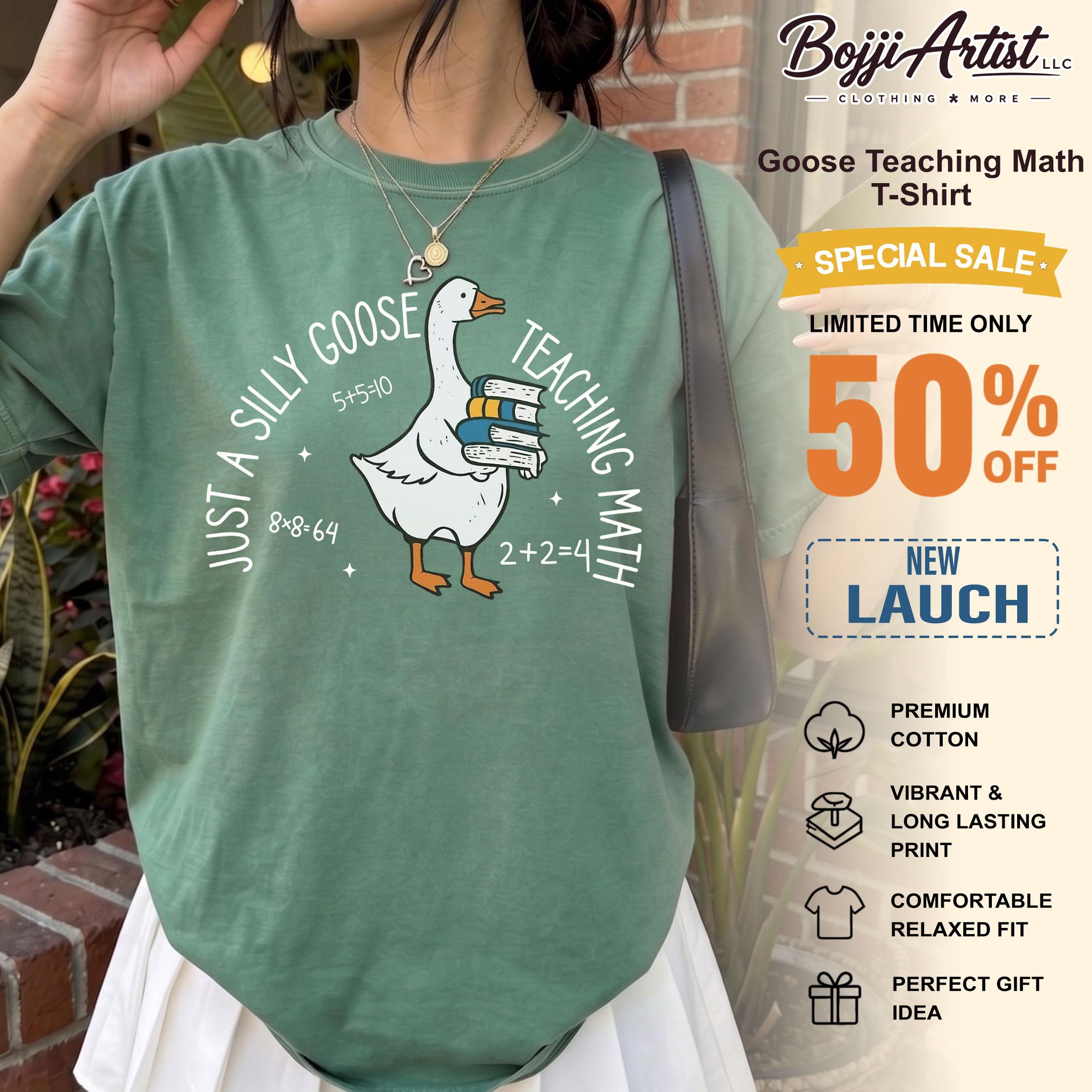 Women's Oversized Ribbed Brown Cotton Fabric Graphic T-Shirt - Just A Silly Goose Math Design, Streetwear Preppy Casual Aesthetic, Kangaroo Pocket, Matching Back To School Apparel For Math Teachers 2