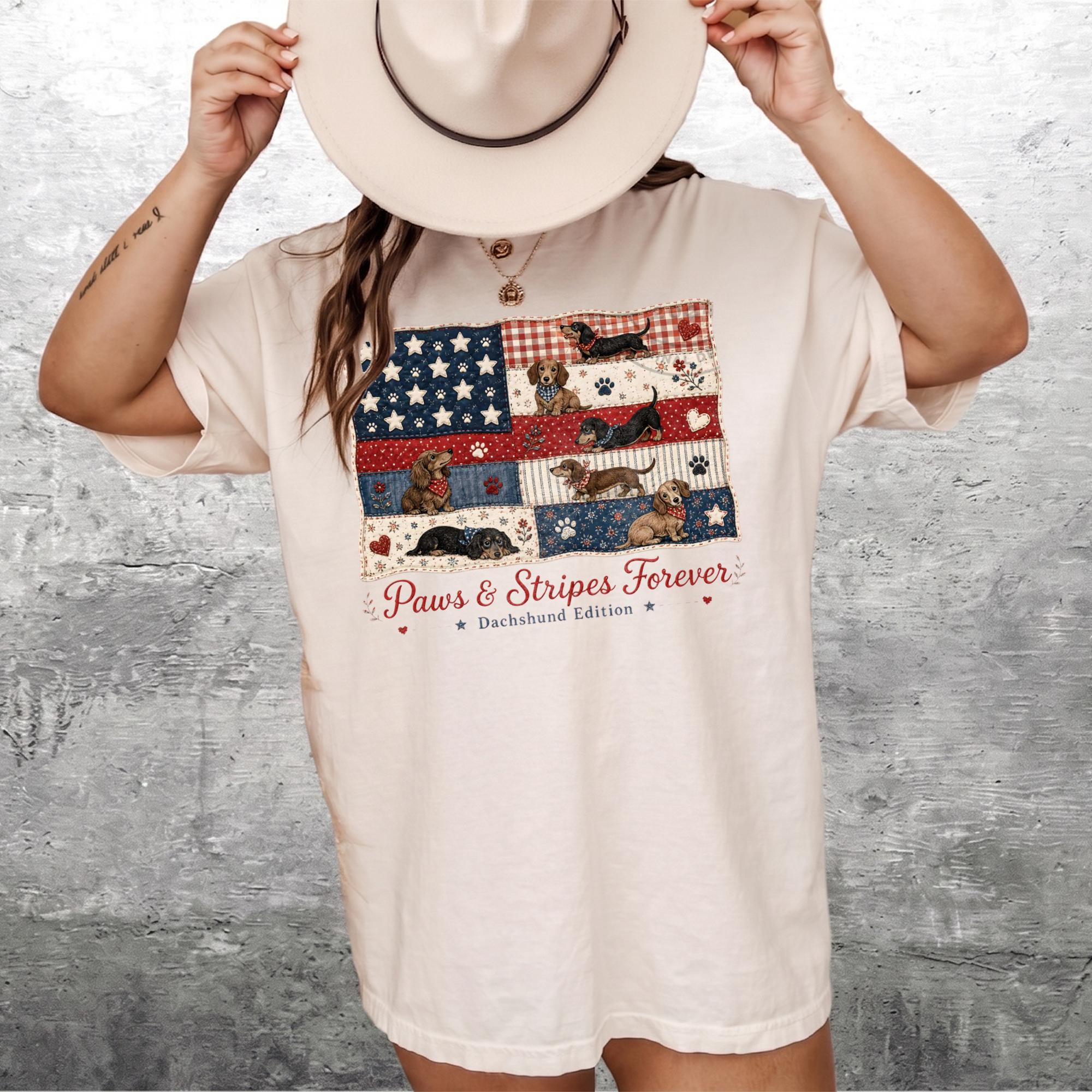 Paws And Stripes Forever Dachshund Edition Graphic T-Shirt For Women And Dog Moms Patriotic Americana Preppy Aesthetic Cream Cotton Tee 4th Of July USA American Flag Wiener Dog Independence Day Summer Humor Gift Shirt 4