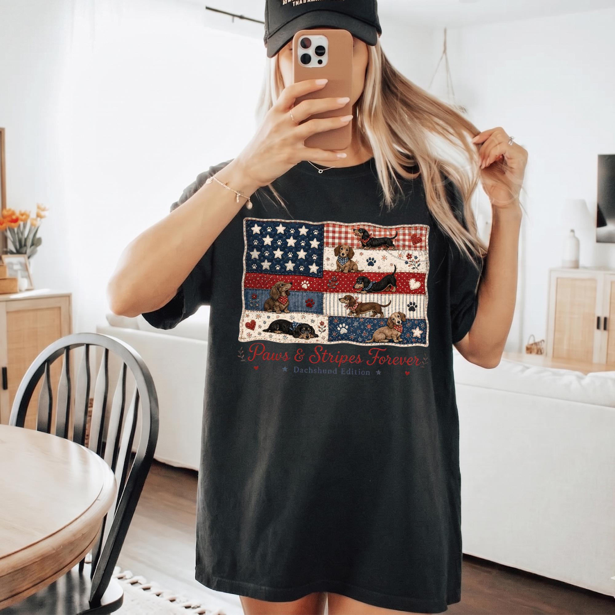 Paws And Stripes Forever Dachshund Edition Graphic T-Shirt For Women And Dog Moms Patriotic Americana Preppy Aesthetic Cream Cotton Tee 4th Of July USA American Flag Wiener Dog Independence Day Summer Humor Gift Shirt 3