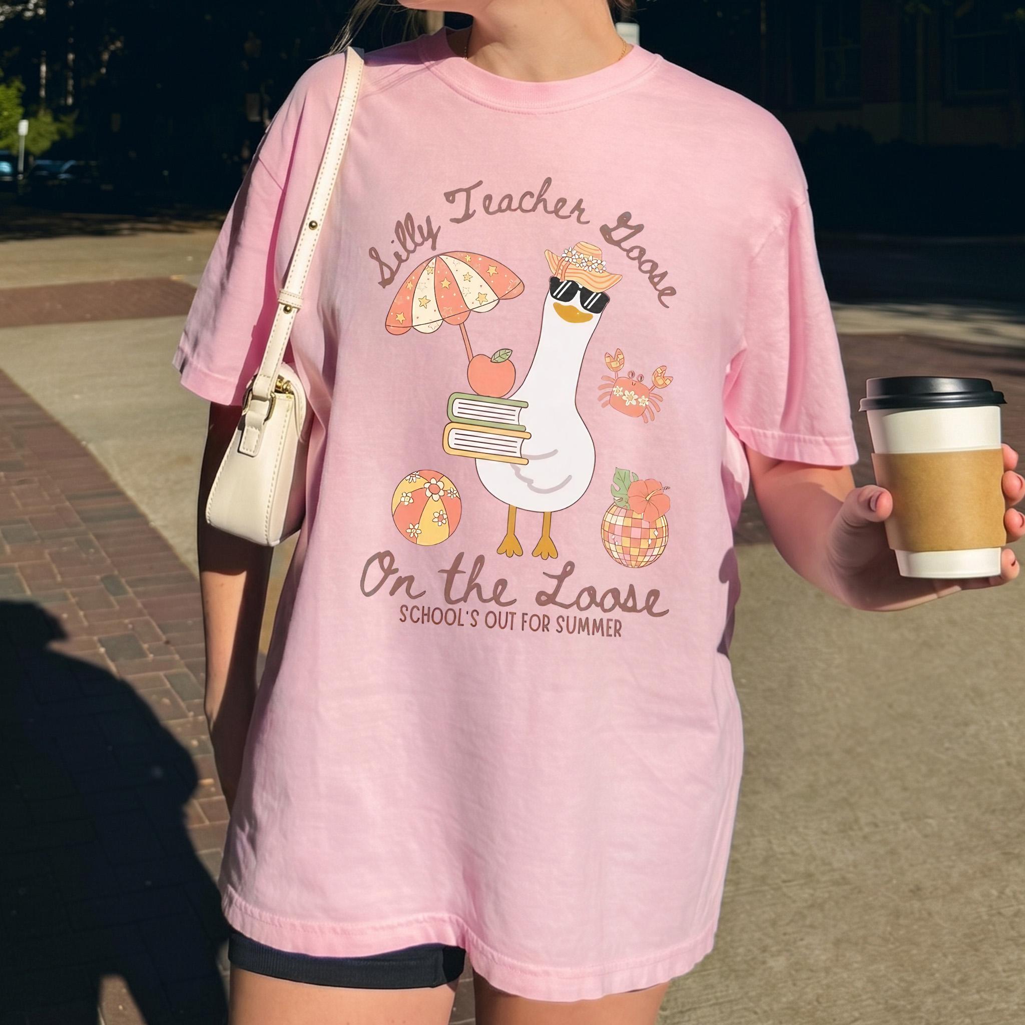 Women's Oversized "Silly Teacher Goose On The Loose" Graphic T-Shirt - Mint Green Soft Breathable Cotton Vintage Streetwear Apparel, Ribbed Wrap, Matching Fit Preppy Retro Cute School Beach Casual Top 3