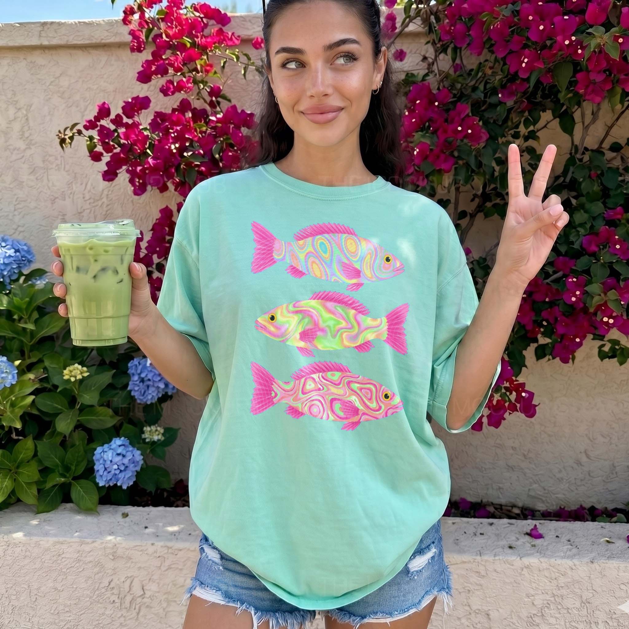 Retro Preppy Holographic Psychedelic Fish Graphic T-Shirt For Unisex Bright Blue Cotton Comfort Colors Tee Coastal Aesthetic Holographic Fish Summer Trout Fish Lake Day Vacation Neon Trippy Fishing Apparel Trendy Top 3