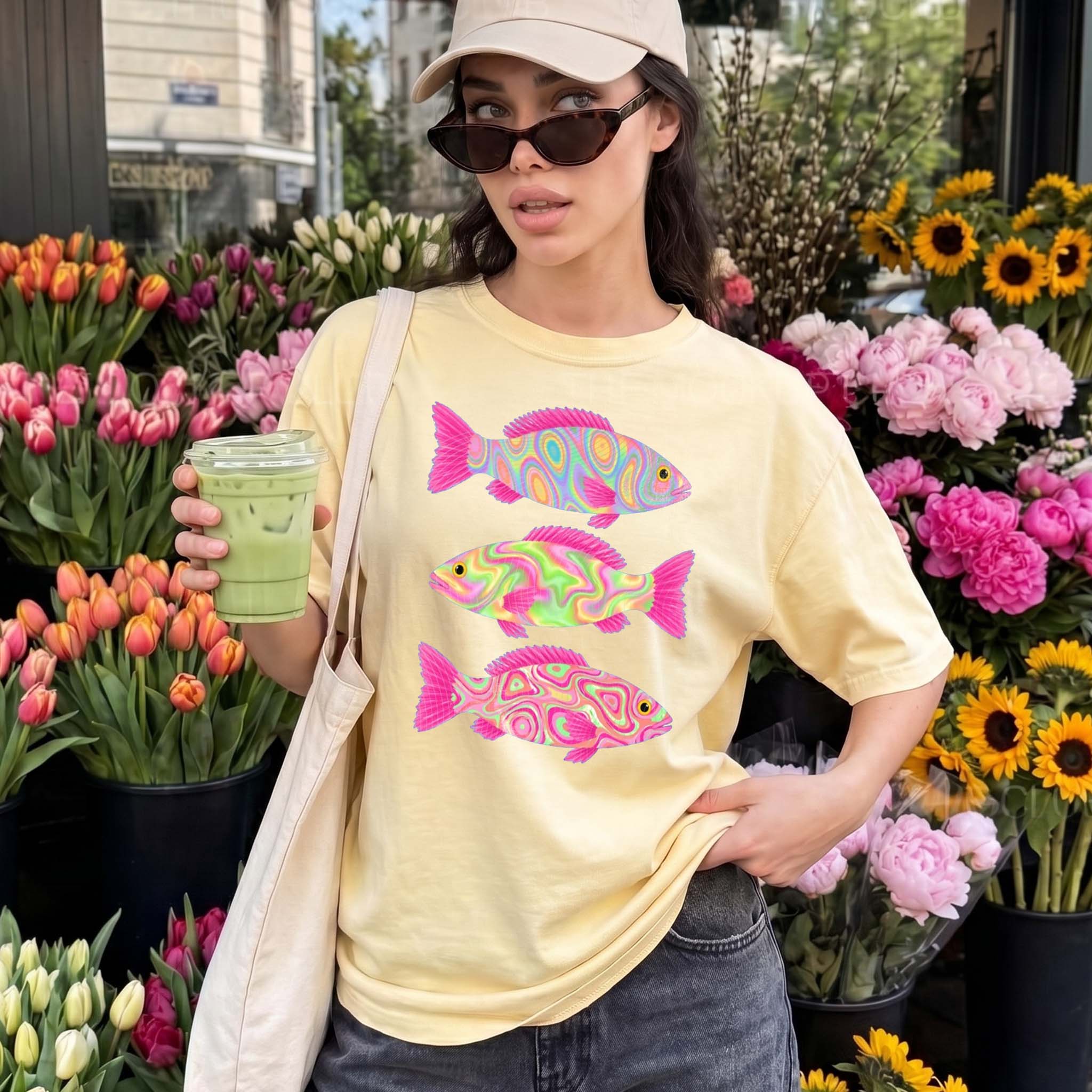 Retro Preppy Holographic Psychedelic Fish Graphic T-Shirt For Unisex Bright Blue Cotton Comfort Colors Tee Coastal Aesthetic Holographic Fish Summer Trout Fish Lake Day Vacation Neon Trippy Fishing Apparel Trendy Top 2
