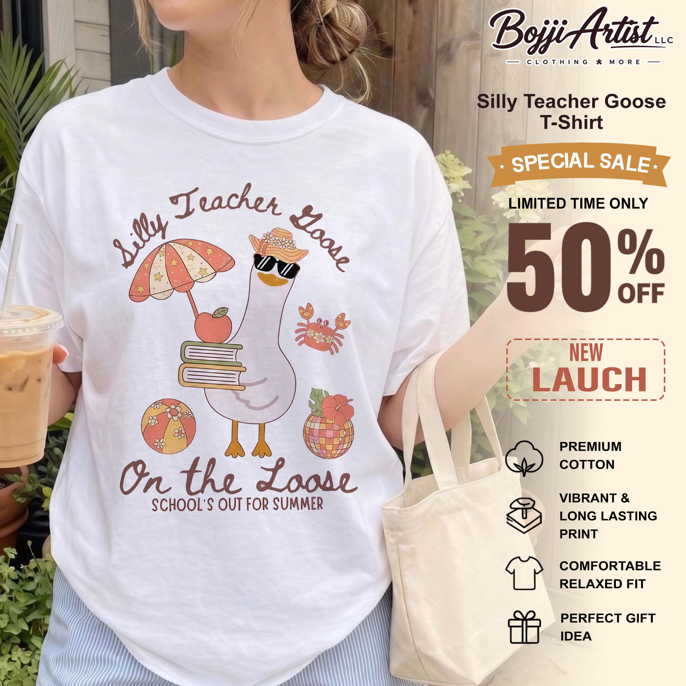 Women's Oversized "Silly Teacher Goose On The Loose" Graphic T-Shirt - Mint Green Soft Breathable Cotton Vintage Streetwear Apparel, Ribbed Wrap, Matching Fit Preppy Retro Cute School Beach Casual Top 2