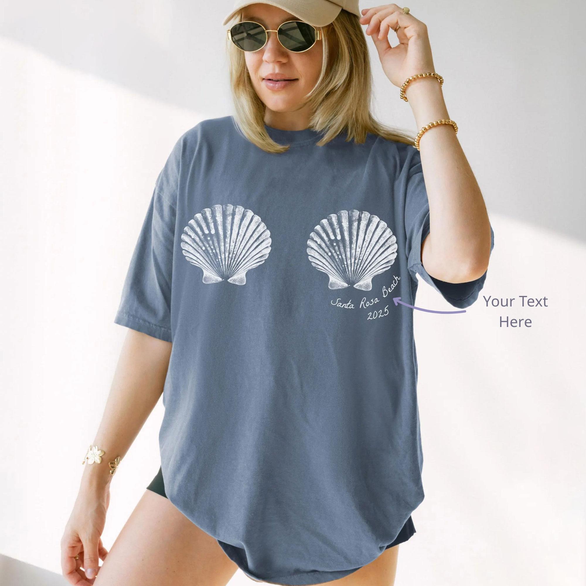 Customizable Text Seashell Mermaid Bra Graphic Oversized T-Shirt Women's Coastal Beachy Mermaidcore Preppy Summer Vacation Dusty Blue Cotton Personalized Bachelorette Party Girls Trip Retro Y2K Graphic Tee Shirt Top 3
