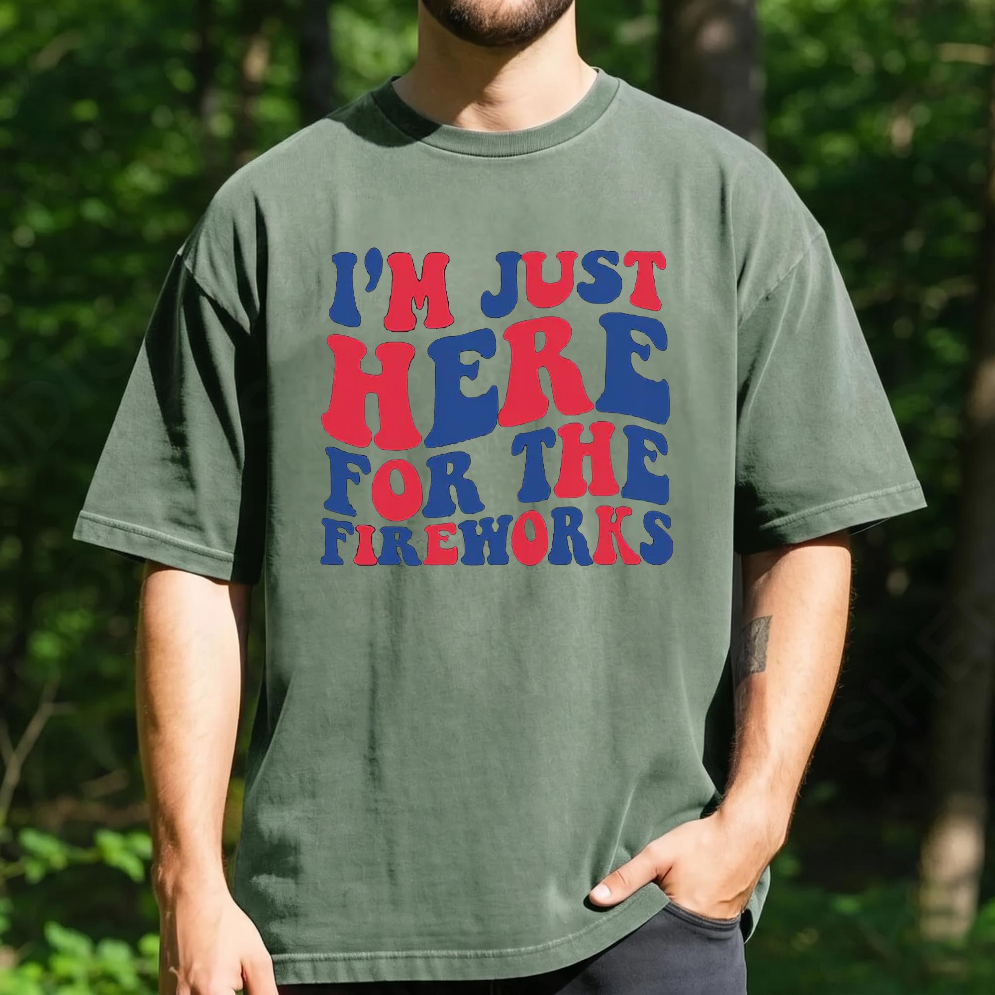 Just Here For The Fireworks Graphic Tee Couples Matching T-Shirts 4th of July Top Men Women Unisex Adult Patriotic Retro Distressed Summer Casual Funny Black White Red Blue Soft Cotton Blend Independence Day Celebration Holiday Apparel summervi 2