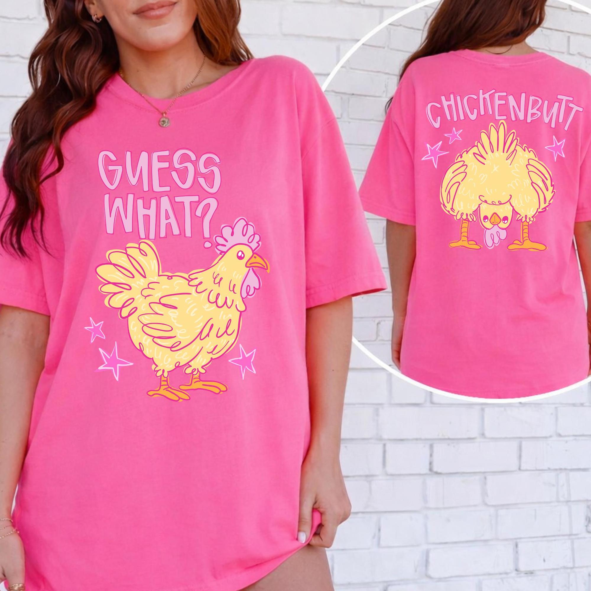 Guess What Chicken Butt Shirt Funny Meme Graphic Short Sleeve T-Shirt For Women And Men Unisex Cute Retro Preppy Y2K Aesthetic Novelty White Cotton Blend Top Front And Back Print Summer Joke Humorous Animal Tee Casual Everyday Wear 4