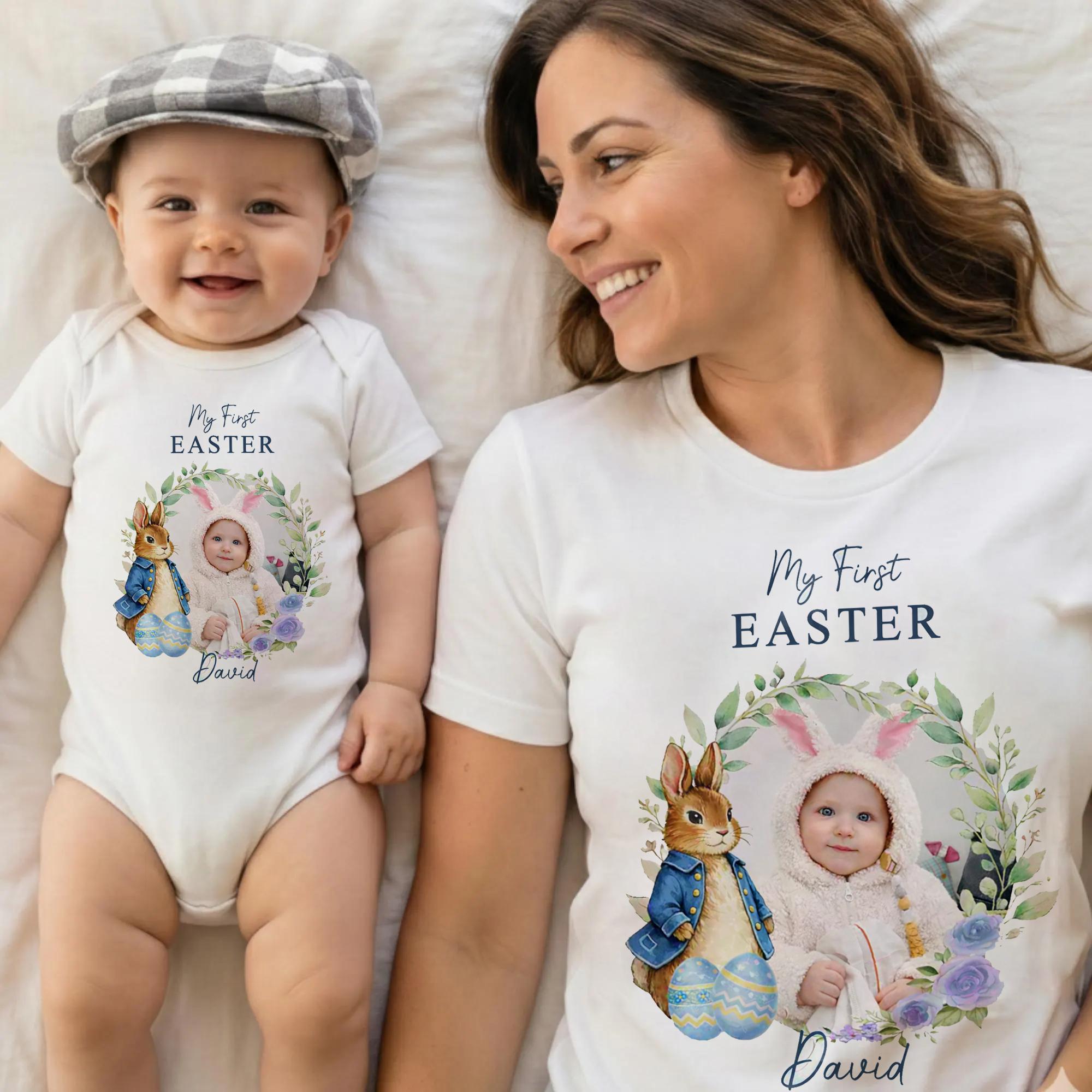 [Flash Deals] BojjiArtist Personalized My First Easter Baby Onesie - Custom Photo Name Women's T-shirt, Cute Peter Rabbit Bodysuit, Family Matching Easter Tee, Please Send Photo And Name. 2