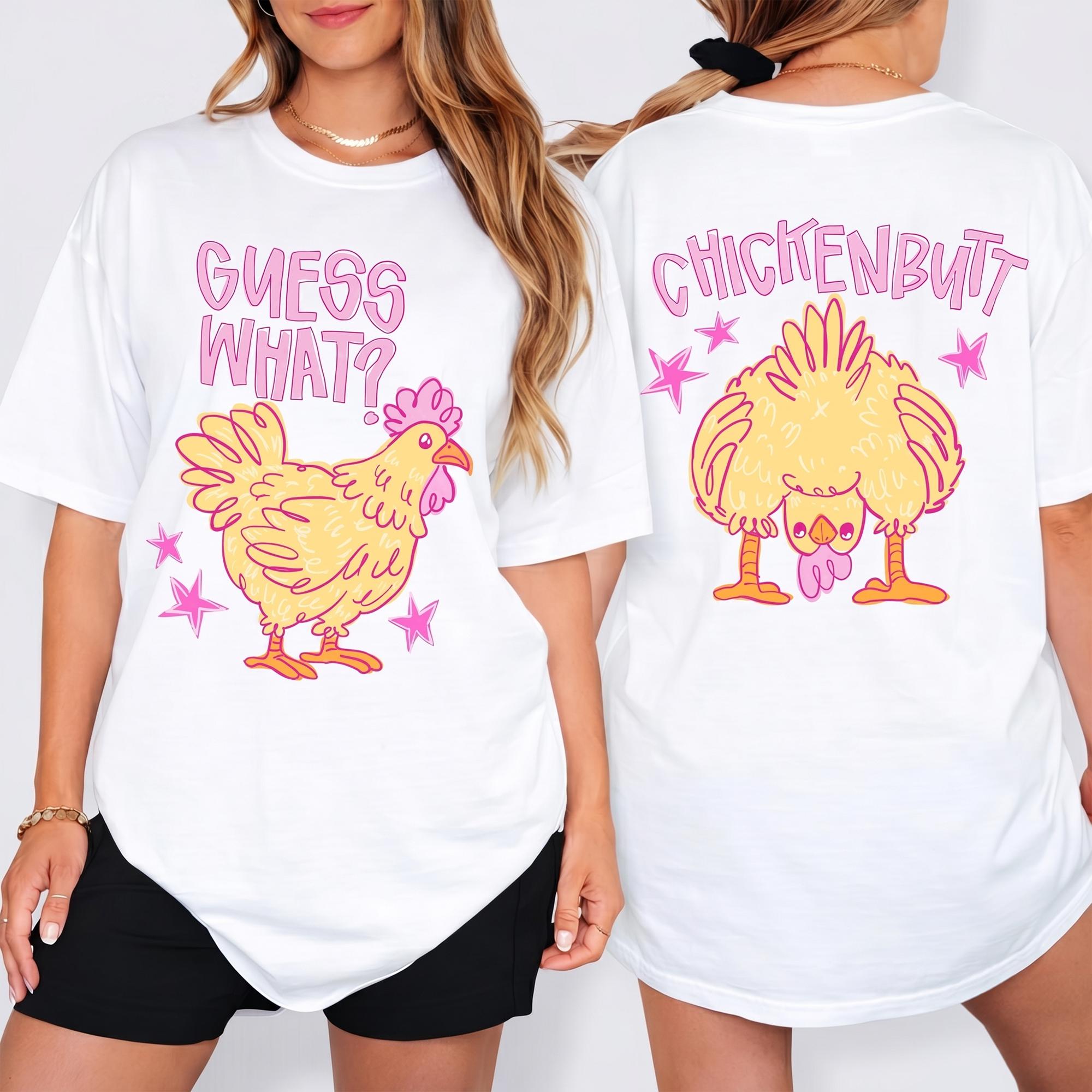 Guess What Chicken Butt Shirt Funny Meme Graphic Short Sleeve T-Shirt For Women And Men Unisex Cute Retro Preppy Y2K Aesthetic Novelty White Cotton Blend Top Front And Back Print Summer Joke Humorous Animal Tee Casual Everyday Wear 3