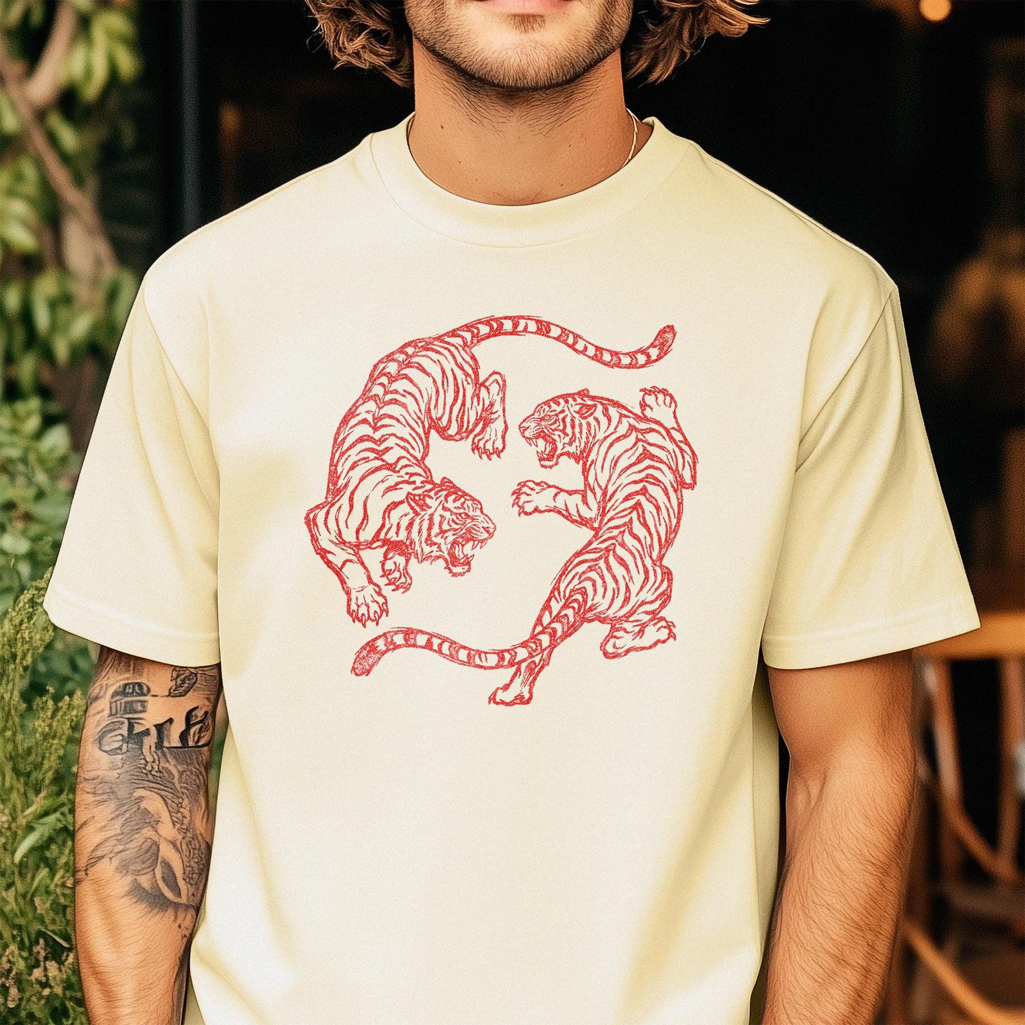 Japanese Fighting Tigers Graphic T-Shirt Unisex Vintage Tattoo Art Heavyweight Cotton Tee Minimalist Retro Tiger Lover Gift Oversized Baggy Short Sleeve Top Casual Daily Wear Summer Y2K Aesthetic Cream Clothes For All Seasons 4