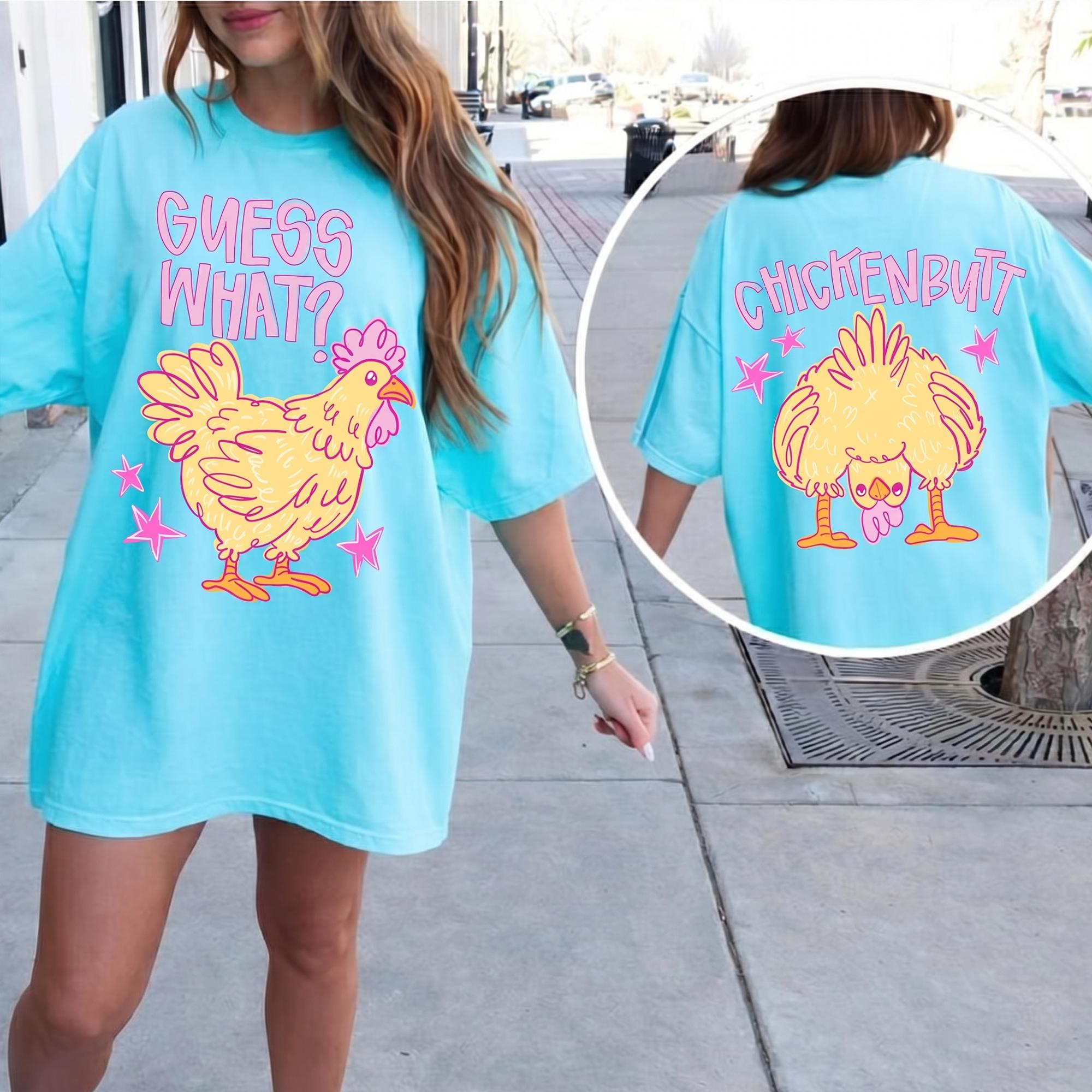 Guess What Chicken Butt Shirt Funny Meme Graphic Short Sleeve T-Shirt For Women And Men Unisex Cute Retro Preppy Y2K Aesthetic Novelty White Cotton Blend Top Front And Back Print Summer Joke Humorous Animal Tee Casual Everyday Wear 2