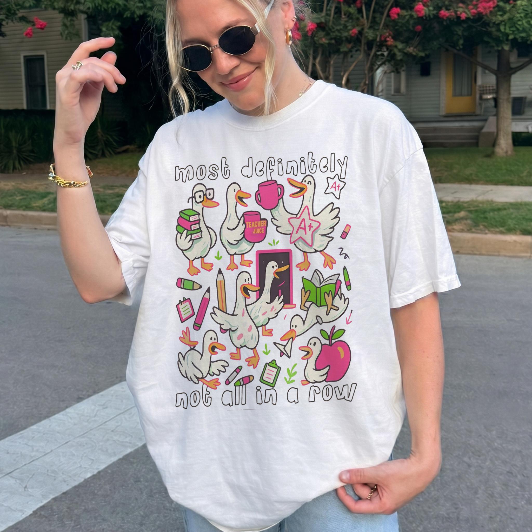 Women's Cotton Short-Sleeve Fleece Wrap Round Neck Vintage Graphic T-Shirt - Casual Top, "Most Definitely Not All In A Row" Chaotic Ducks Print, Preppy Quirky Aesthetic, Streetwear Ribbed Fabric, Kangaroo Pocket, Back To School Educator Gift 3