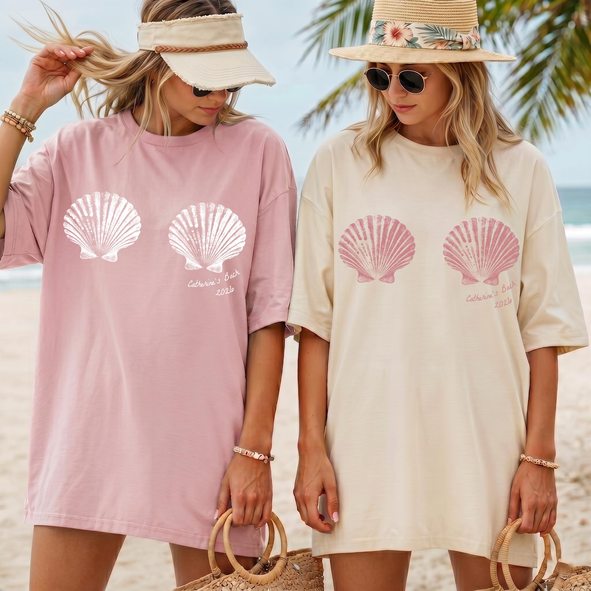 Customizable Text Seashell Mermaid Bra Graphic Oversized T-Shirt Women's Coastal Beachy Mermaidcore Preppy Summer Vacation Dusty Blue Cotton Personalized Bachelorette Party Girls Trip Retro Y2K Graphic Tee Shirt Top 2