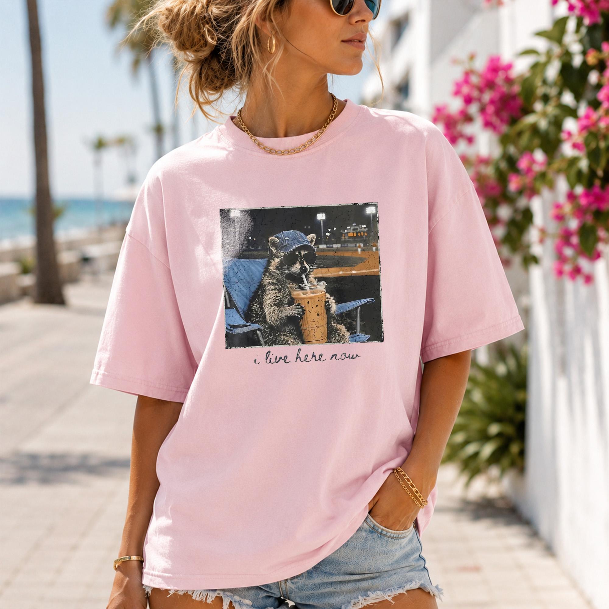 Racoon Ballpark I Live Here Now Meme T-Shirt Funny Raccoon Drinking Iced Coffee Cute Baseball Sport T-Shirt Retro Game Day Graphic Shirt 3