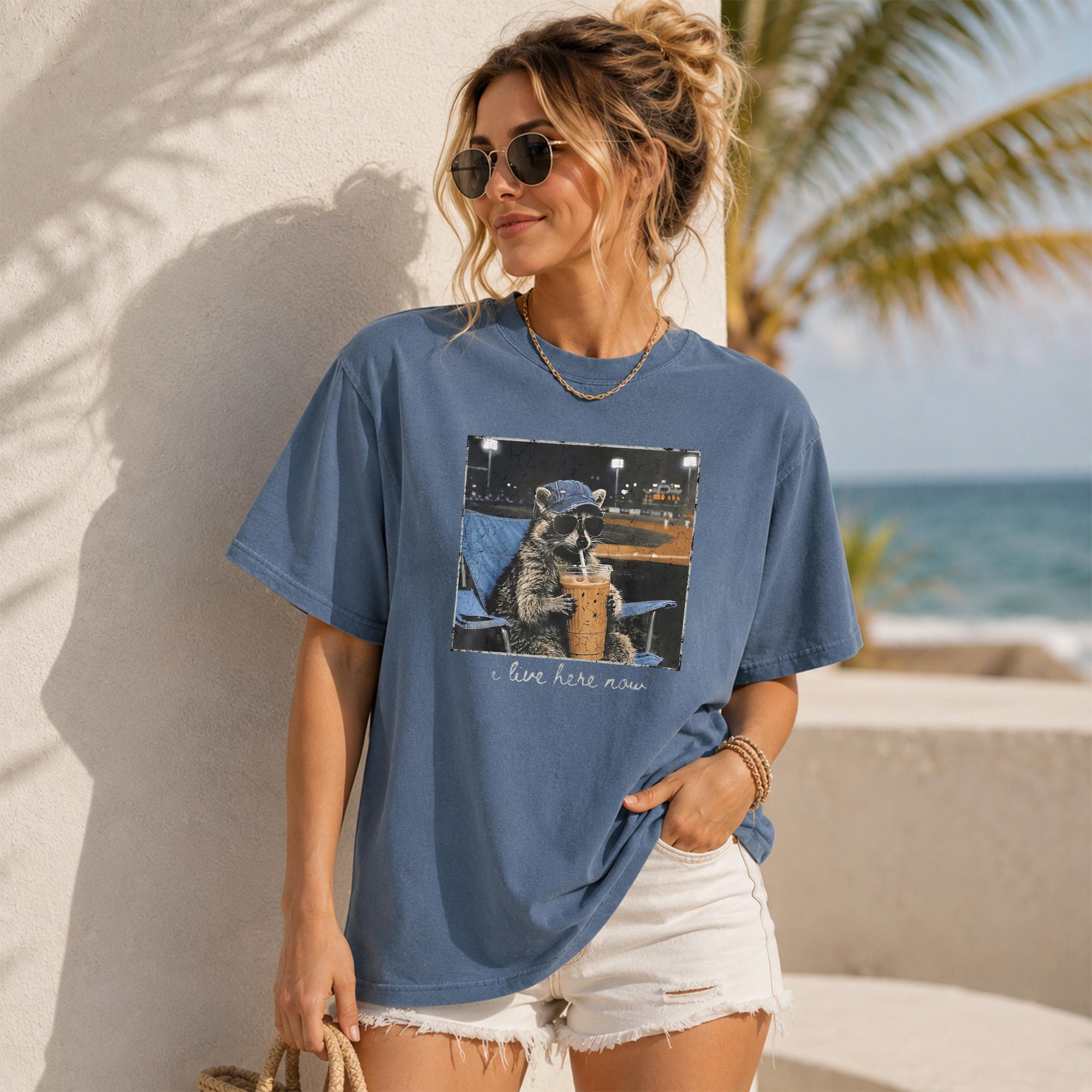 Racoon Ballpark I Live Here Now Meme T-Shirt Funny Raccoon Drinking Iced Coffee Cute Baseball Sport T-Shirt Retro Game Day Graphic Shirt 4
