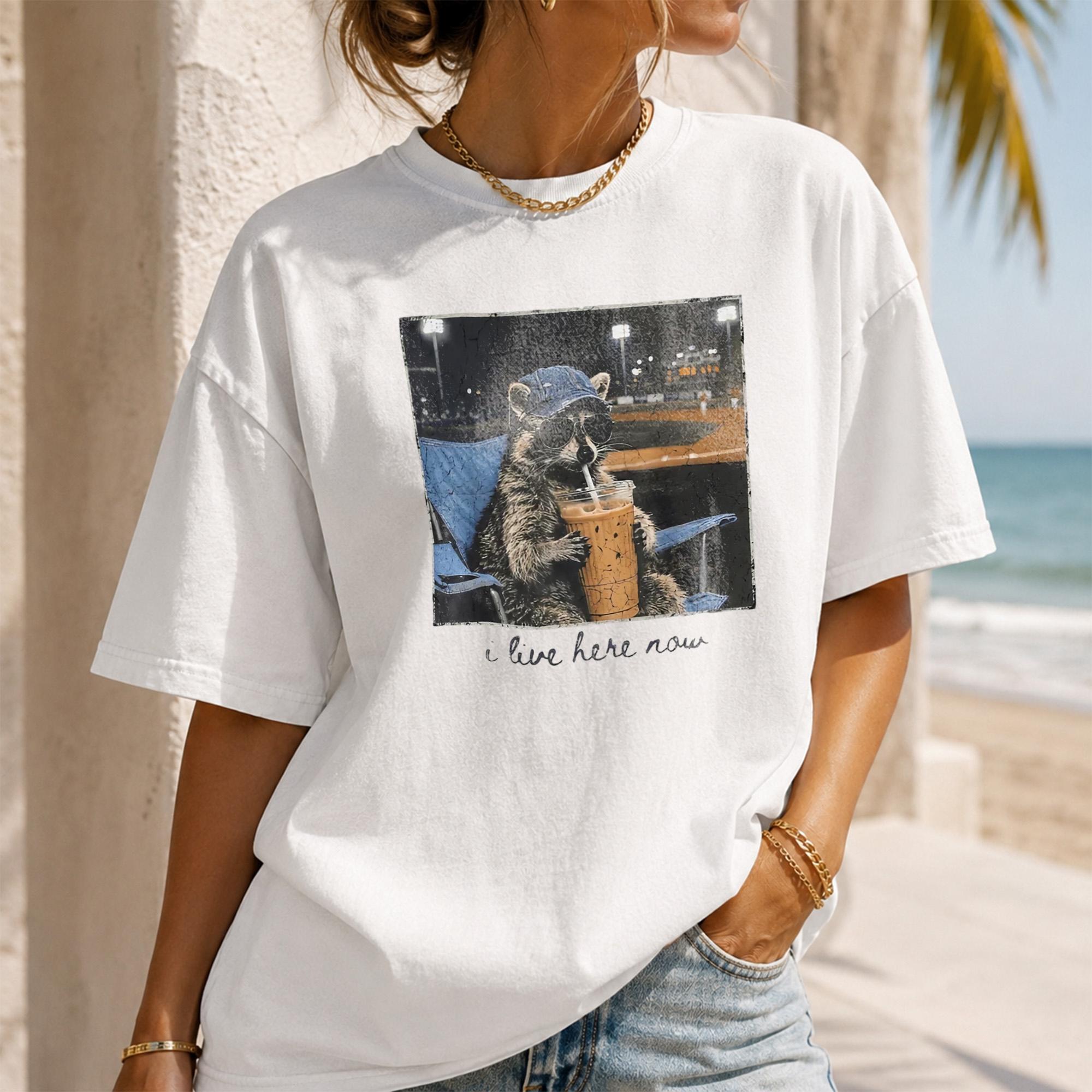 Racoon Ballpark I Live Here Now Meme T-Shirt Funny Raccoon Drinking Iced Coffee Cute Baseball Sport T-Shirt Retro Game Day Graphic Shirt 2
