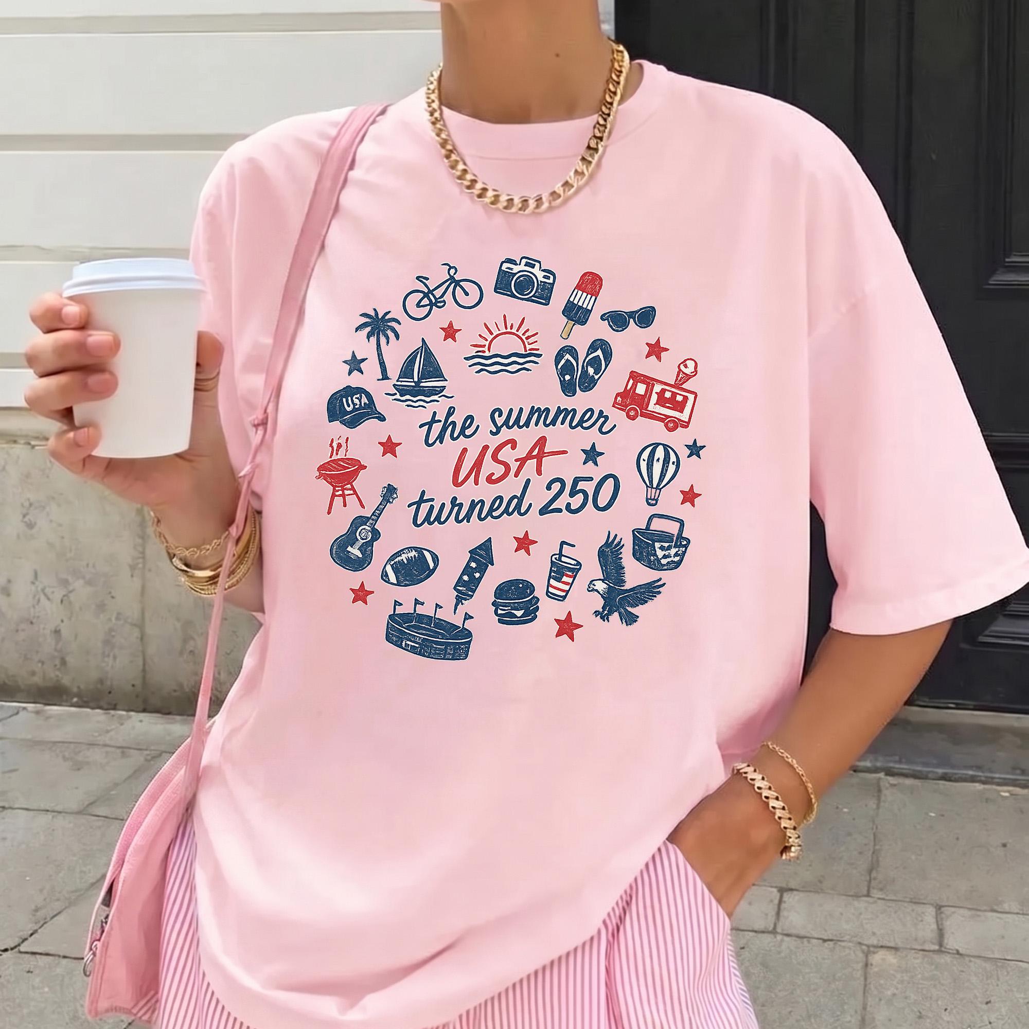 The Summer USA Turned 250 Oversized Graphic T-Shirt For Women Retro Preppy Americana Tee USA 250 Shirt Summer USA Turned 250 Tee 4th Of July Shirt Patriotic Summer Festival America Birthday 2026 Top