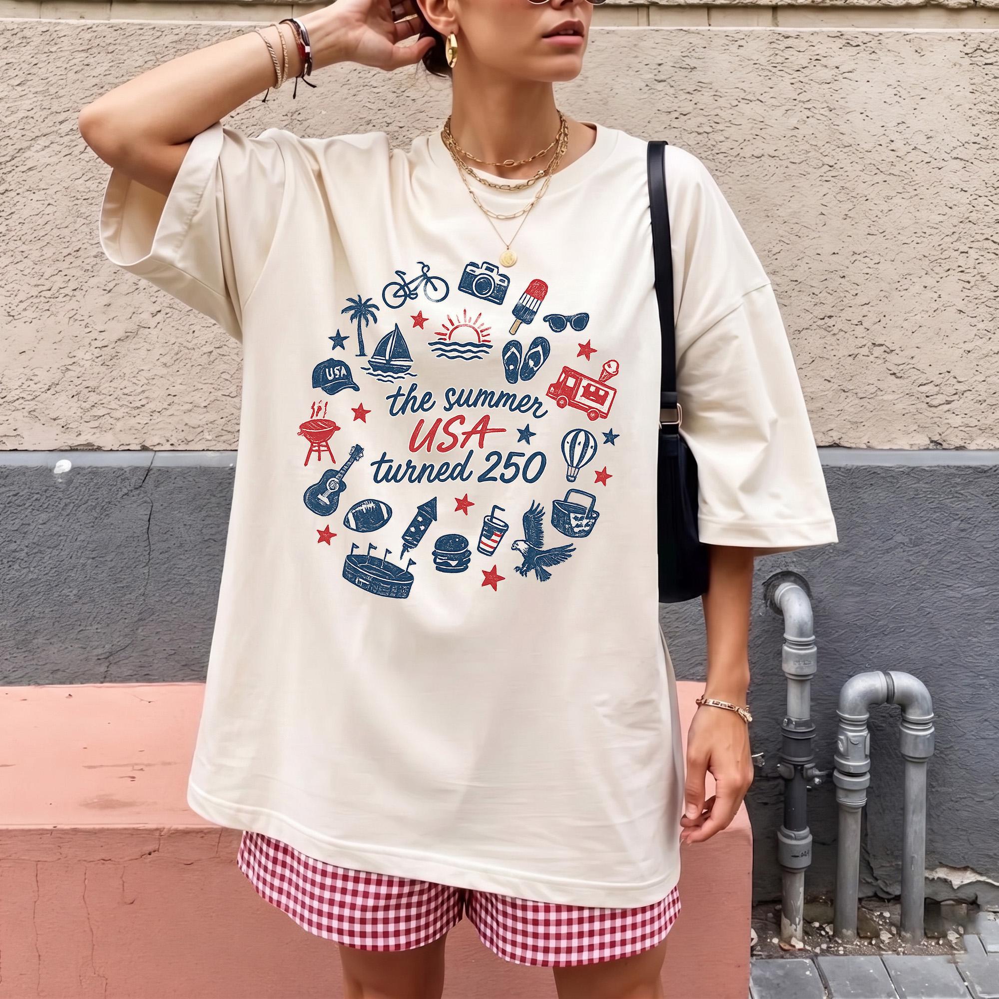 The Summer USA Turned 250 Oversized Graphic T-Shirt For Women Retro Preppy Americana Tee USA 250 Shirt Summer USA Turned 250 Tee 4th Of July Shirt Patriotic Summer Festival America Birthday 2026 Top 2