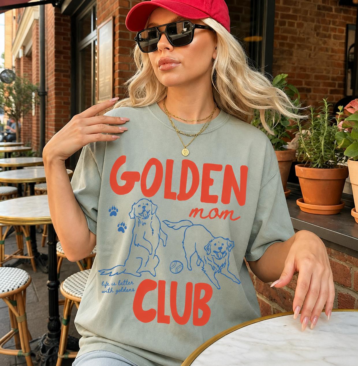 Golden Mom Club Shirt Oversized Graphic T-Shirt For Dog Moms Preppy Casual Aesthetic Mint Green Cotton Crewneck Golden Retriever Retro Pet Parent Gift Mother's Day Tee Life Is Better With Goldens Vintage Boho Tops 2