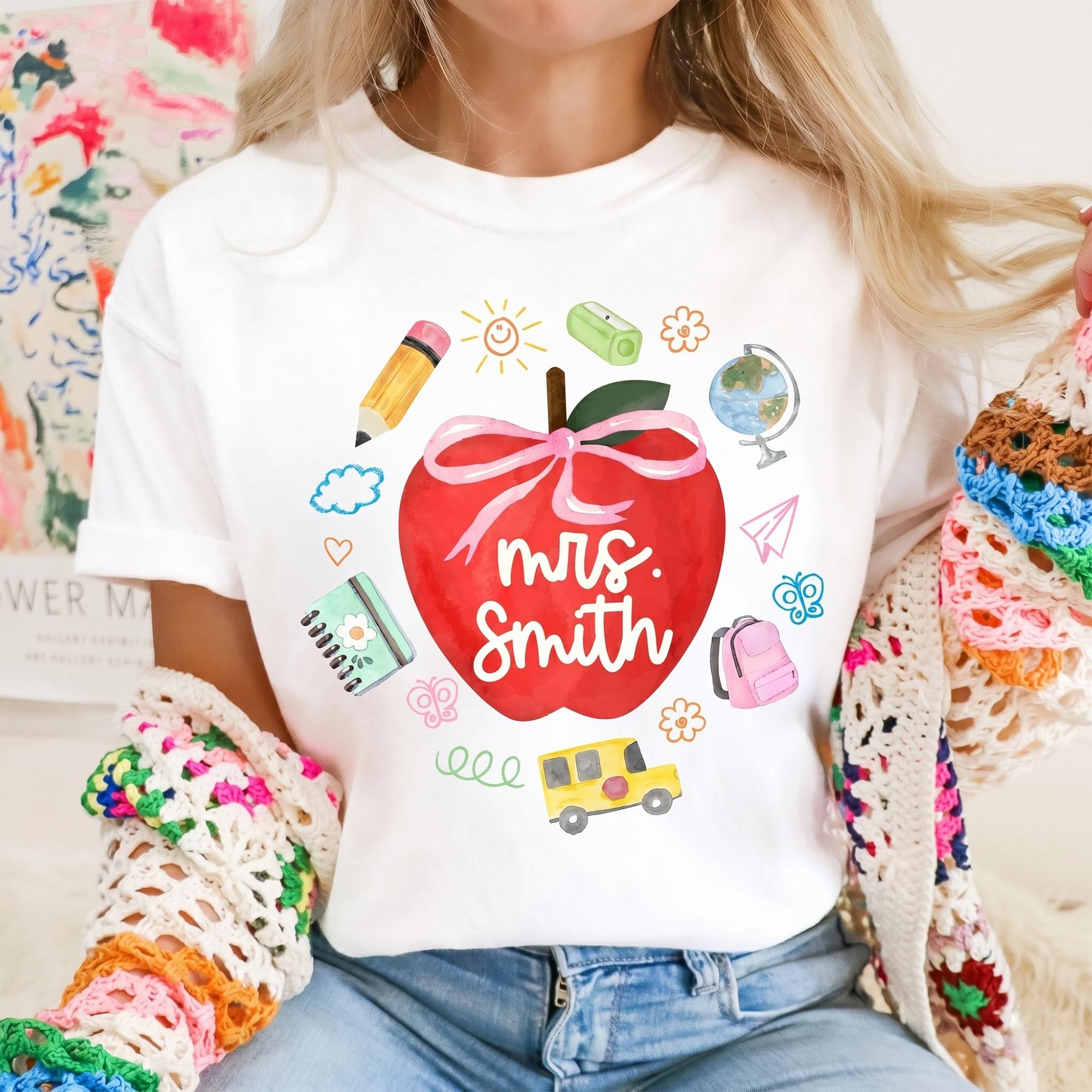 Personalized Teacher Shirt Preppy Apple Bow Coquette Whimsical Back to School T-Shirt, Custom Elementary Appreciation Gift, Last Day Of School Teacher Matching Team Shirt 2