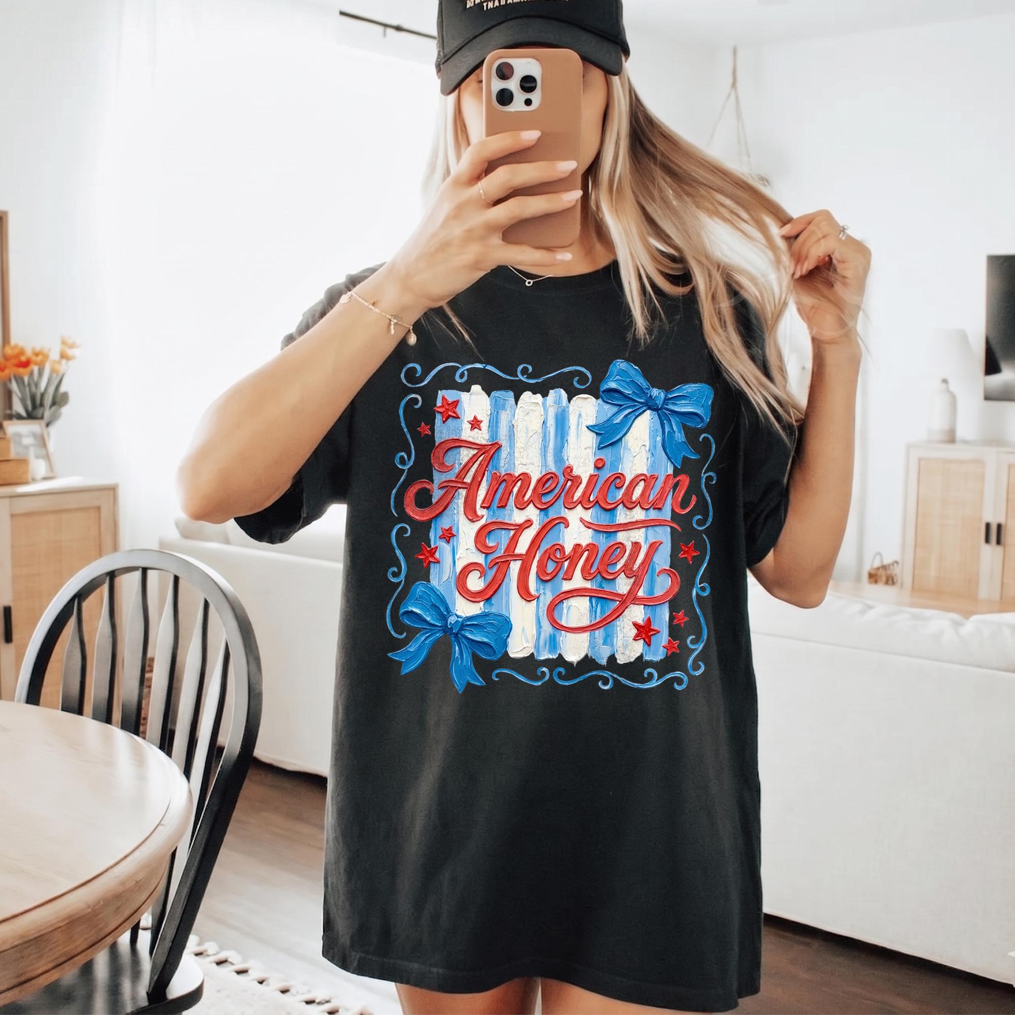 Womens American Honey Bow Stripes Patriotic 4th of July T-Shirt Coquette Western Retro Preppy Style Dusty Blue Washed Cotton USA 250th Anniversary Independence Day America 250 Stars and Stripes Summer Holiday Tee 2